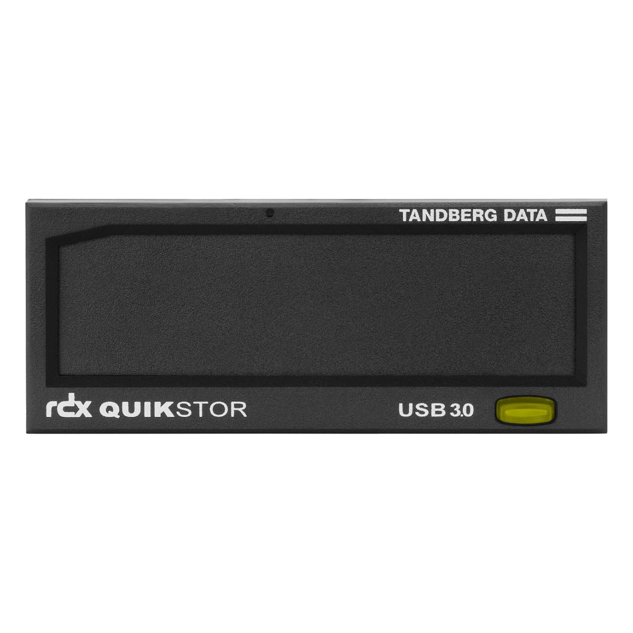 Tandberg Data RDX QuikStor USB 3.0 Cartridge-System Vorderansicht, mit rechteckigem Design und Hersteller- sowie Modellbezeichnungen.