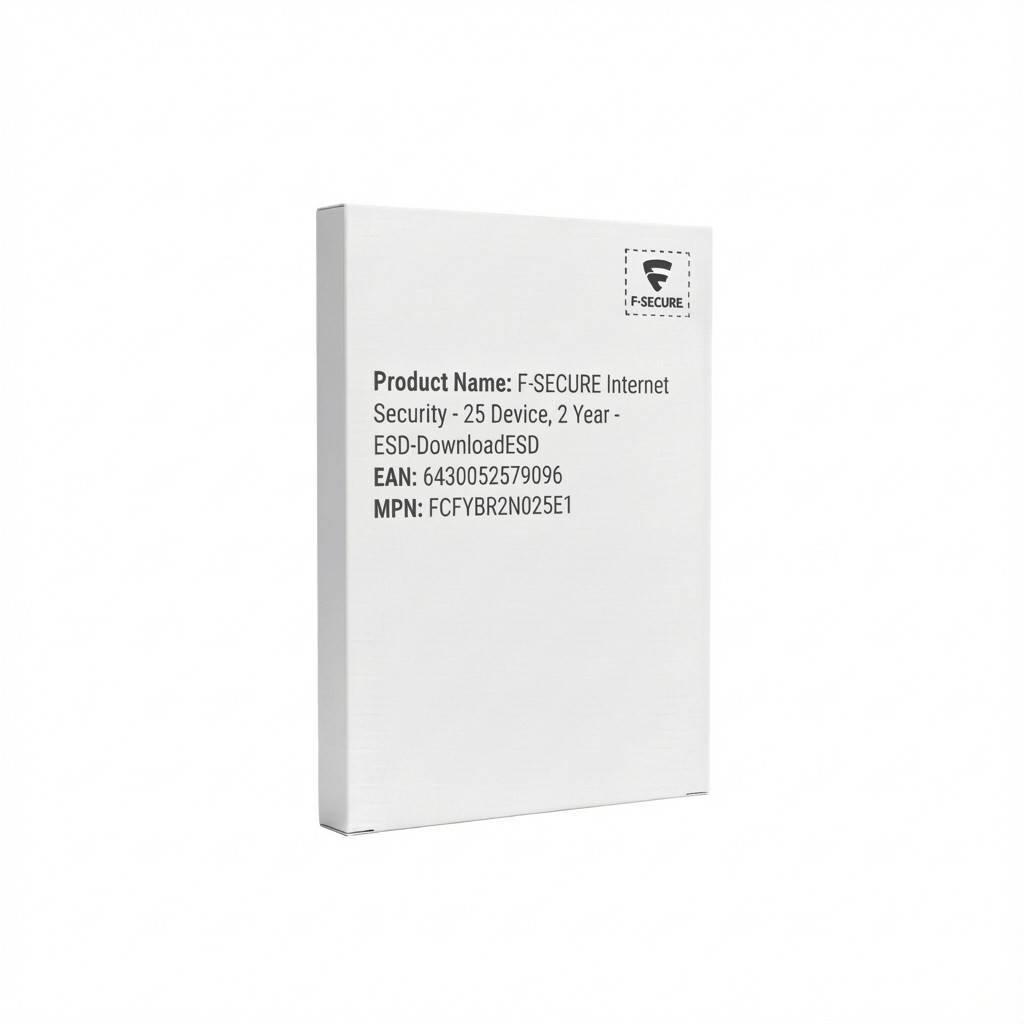 F-SECURE Internet Security' Etikett auf einer weißen Box. Erwähnt 25-Geräte, 2-Jahres-Version mit Produktcode EAN: 6430052579096, MPN: FCFYBR2N02SE1.