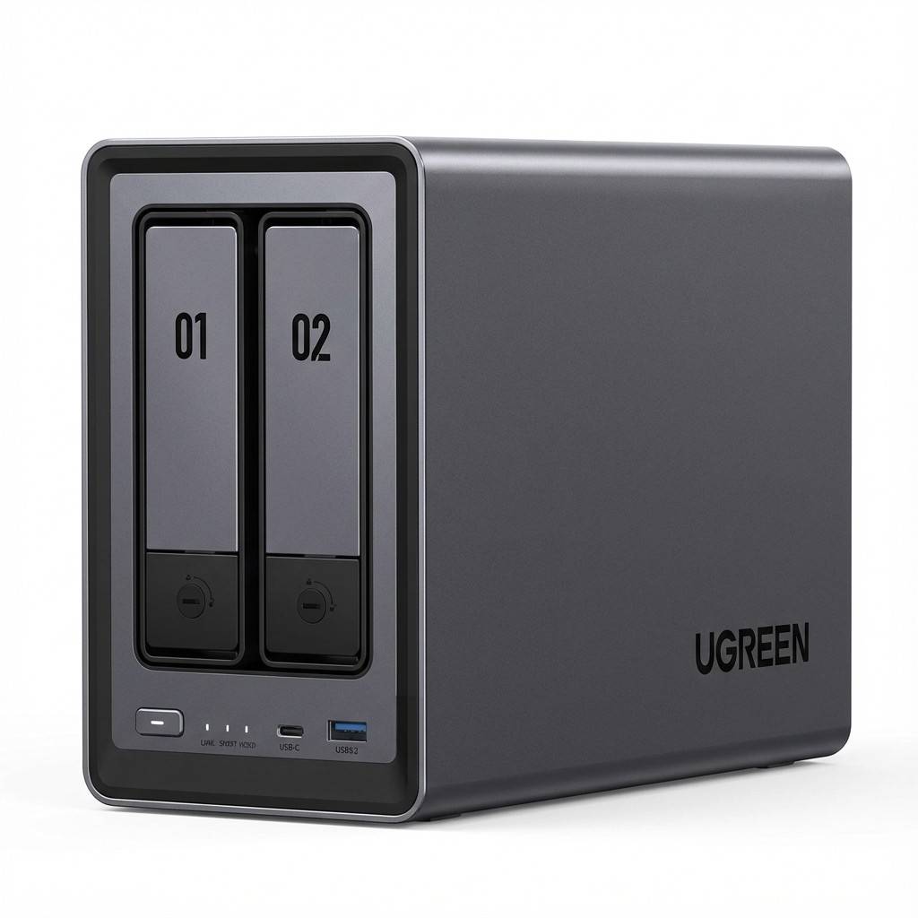 Festplattengehäuse für Desktop mit 'UGREEN'-Logo, das zwei nummerierte Laufwerkschächte mit den Bezeichnungen '01' und '02' sowie USB- und Powertasten an der Frontseite zeigt.