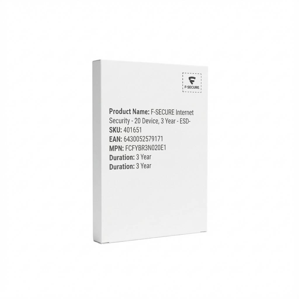 Die Box enthält Produktdetails für 'F-SECURE Internet Security - 20 Geräte, 3 Jahre - ESD', mit SKU, EAN, MPN und Laufzeitinformationen.