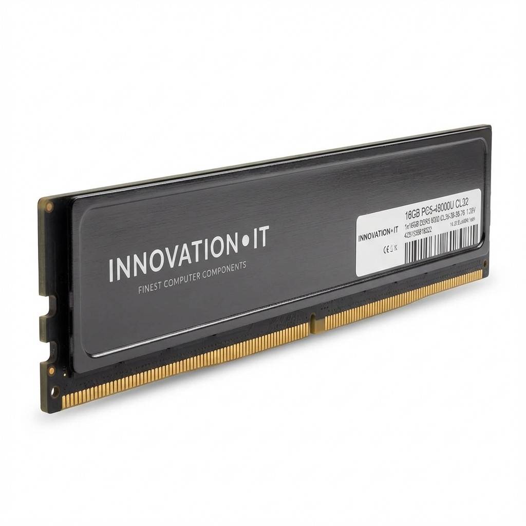 Ein Arbeitsspeicherriegel mit der Aufschrift 'INNOVATION IT 16GB PC3-12800U CL11', ausgestattet mit goldenen Kontaktstiften und einem schwarzen Wärmeableiter, wird auf weißem Hintergrund präsentiert.