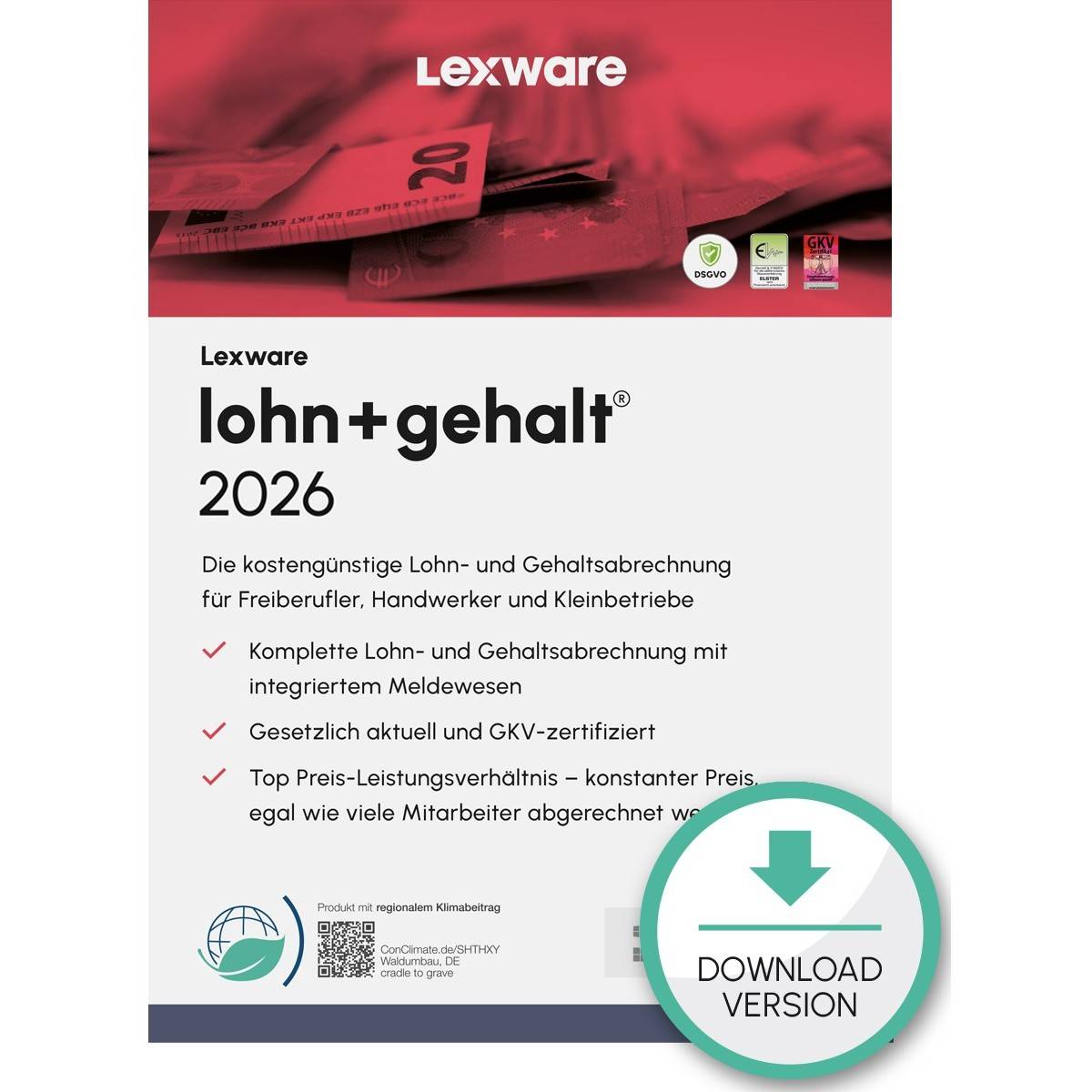 Lexware lohn+gehalt 2026: Software zur Lohnabrechnung für Freelancer, Handwerker und Kleinunternehmen. Zu den Funktionen gehören integriertes Benachrichtigungssystem, rechtliche Updates und Zertifizierung. Download-Version verfügbar.