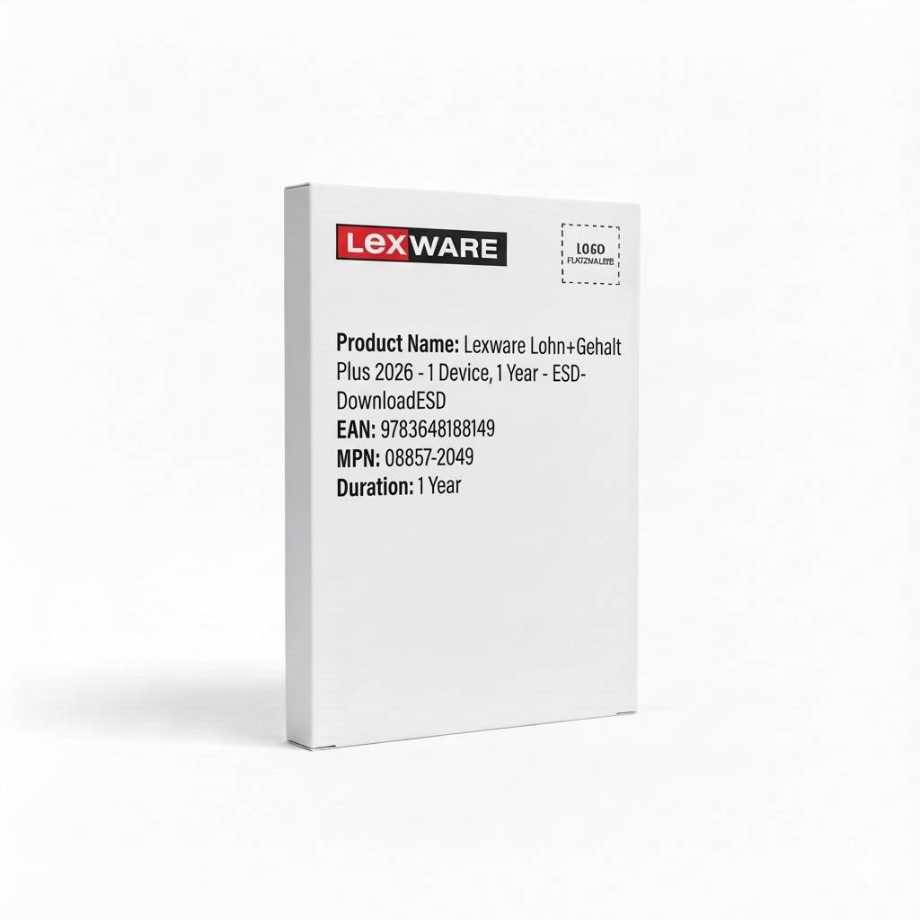 Paket für Lexware Produkt 'Lohn+Gehalt Plus 2026', 1 Jahr, ESD. Enthält Produktname, EAN, MPN und Laufzeitinformationen.