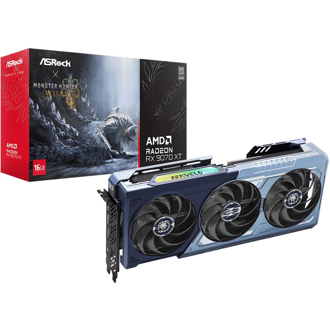 ASRock AMD Radeon RX 7900 XT Grafikkarten-Verpackung mit Monster Hunter-Artwork neben der Grafikkarte mit drei Kühlventilatoren.