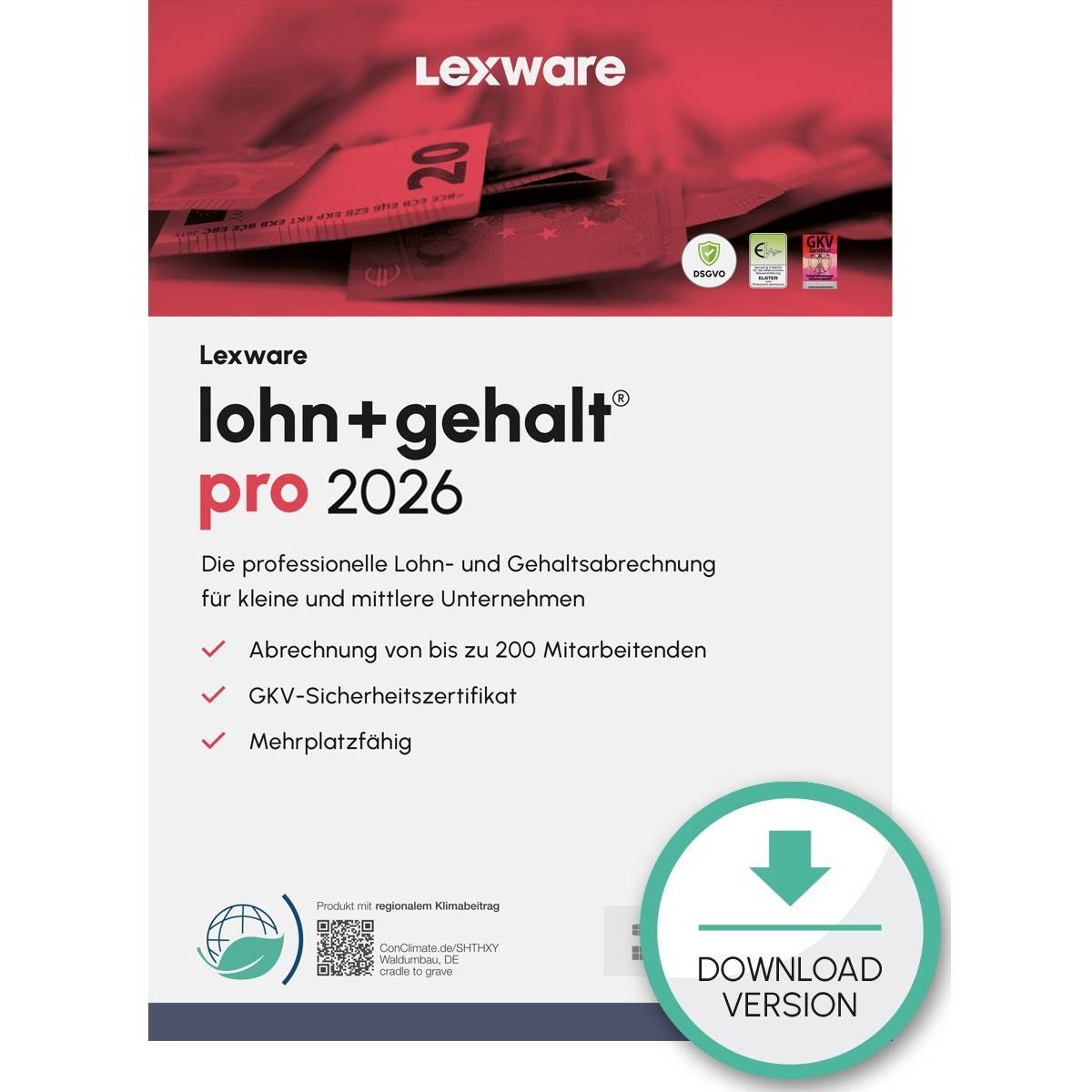 Lexware Software-Box für 'lohn+gehalt pro 2026' - Lohnbuchhaltung für kleine und mittlere Unternehmen, unterstützt bis zu 200 Mitarbeiter.