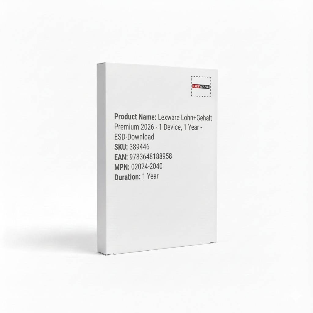 Lexware Lohn+Gehalt Premium 2026' Software-Box, enthält Details wie Produktname, Artikel-Nr. 389446, EAN 9783648188958, für 1 Gerät, Laufzeit von 1 Jahr.