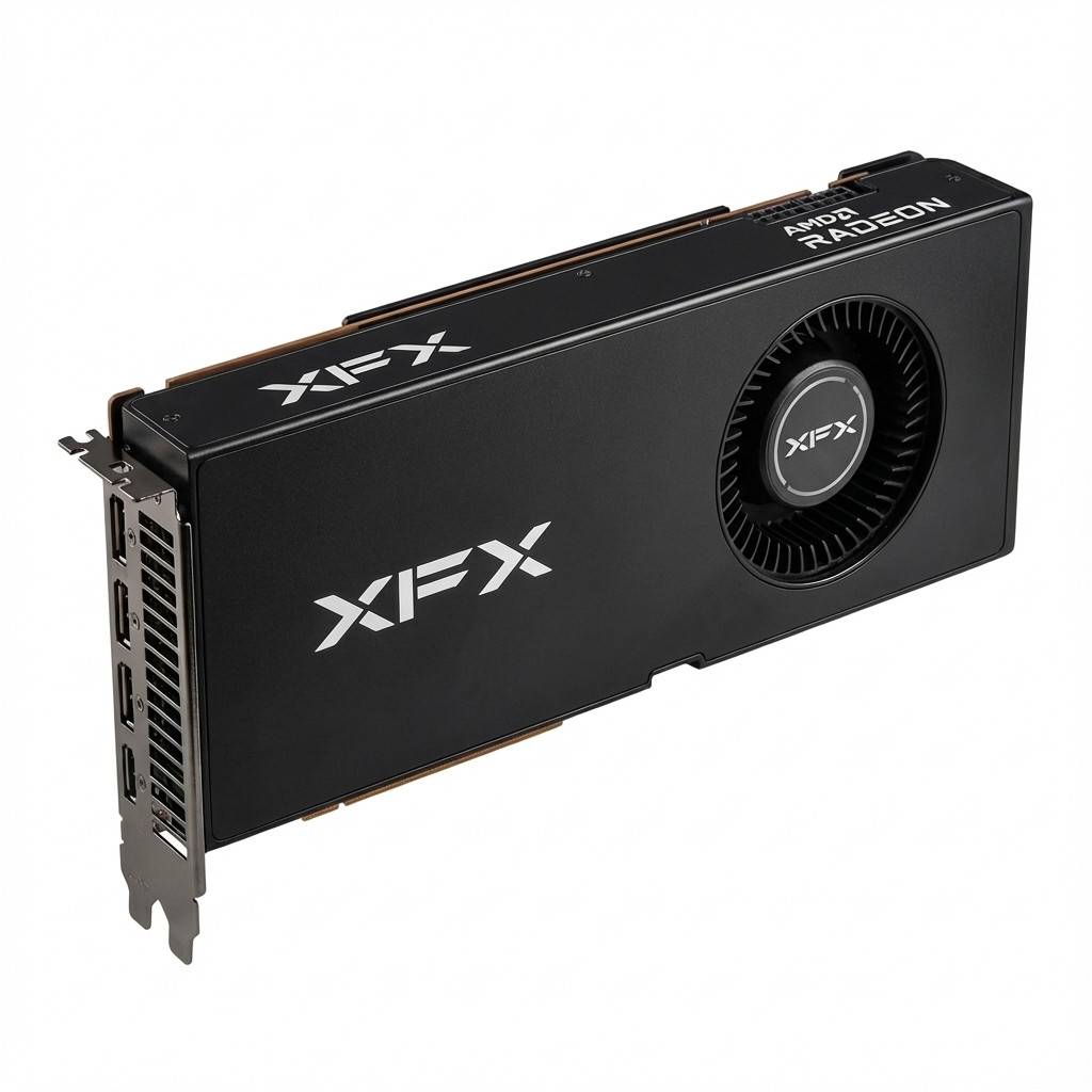 XFX Radeon' Grafikkarte mit Lüfter, HDMI- und DisplayPort-Ausgängen an der Seite.