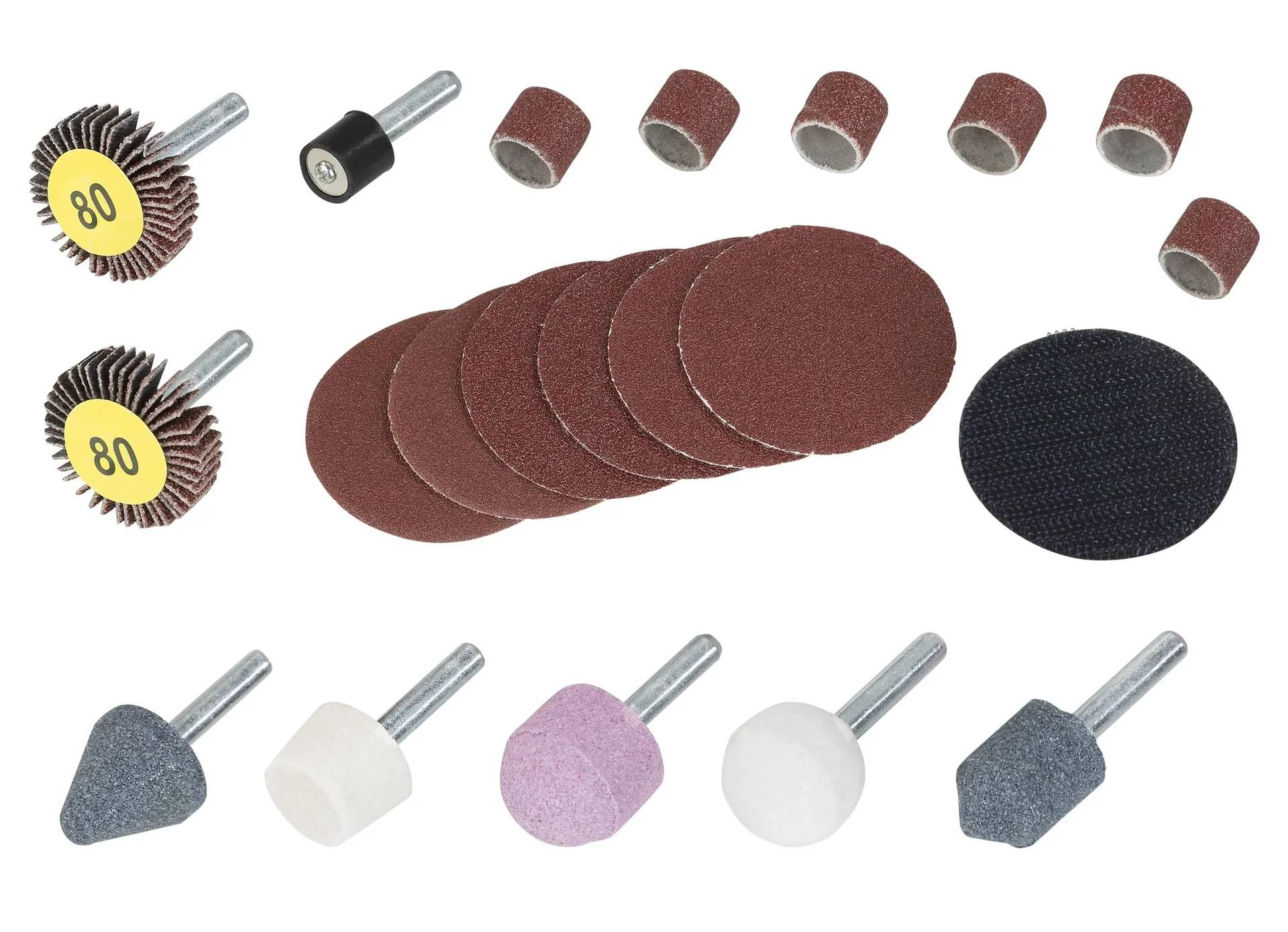 Verschiedene Schleif- und Polierzubehörteile für Rotationswerkzeuge, einschließlich Schleifscheiben, Trommelschleifer und Polierräder.