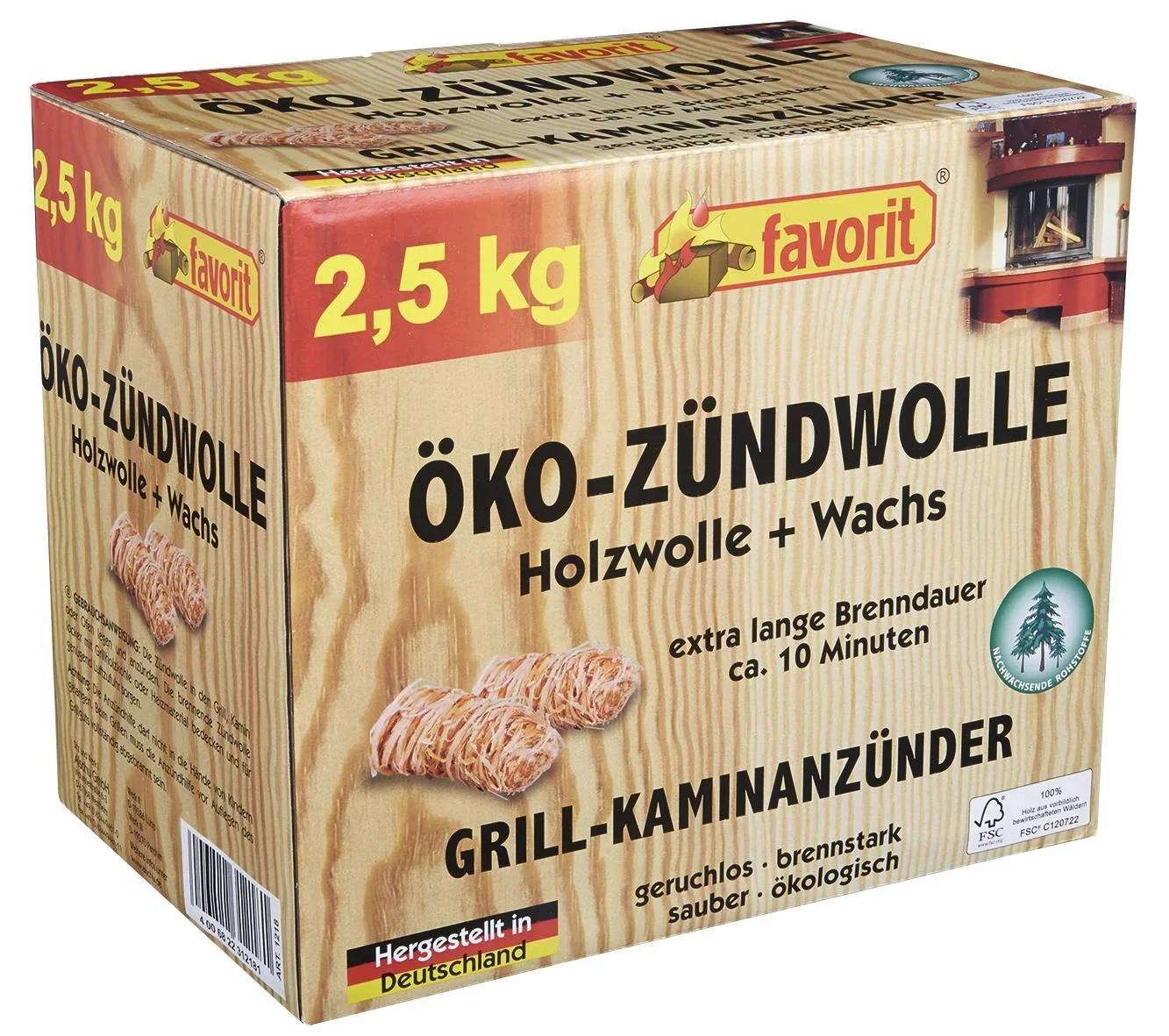 Karton mit 2,5 kg 'Öko-Zündwolle' umweltfreundliche Anzünder aus Holzwolle und Wachs, geeignet für Grills und Kamine. Made in Germany.