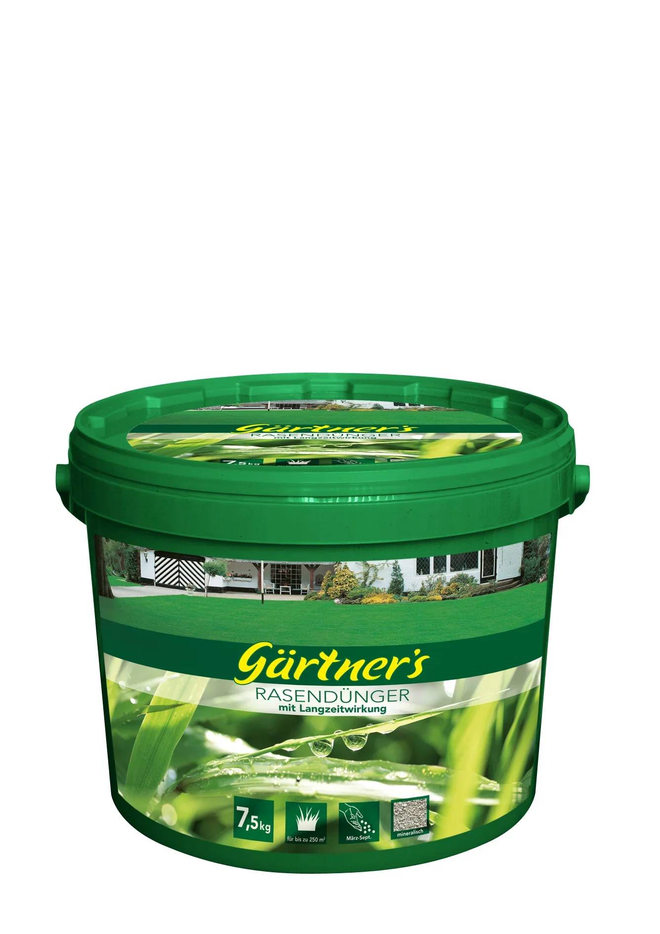 Ein grüner Plastikkeimer mit der Aufschrift 'Gärtner's Rasendünger mit Langzeitwirkung', der für Rasendünger verwendet wird und ein Bild eines grasbedeckten Rasens zeigt.