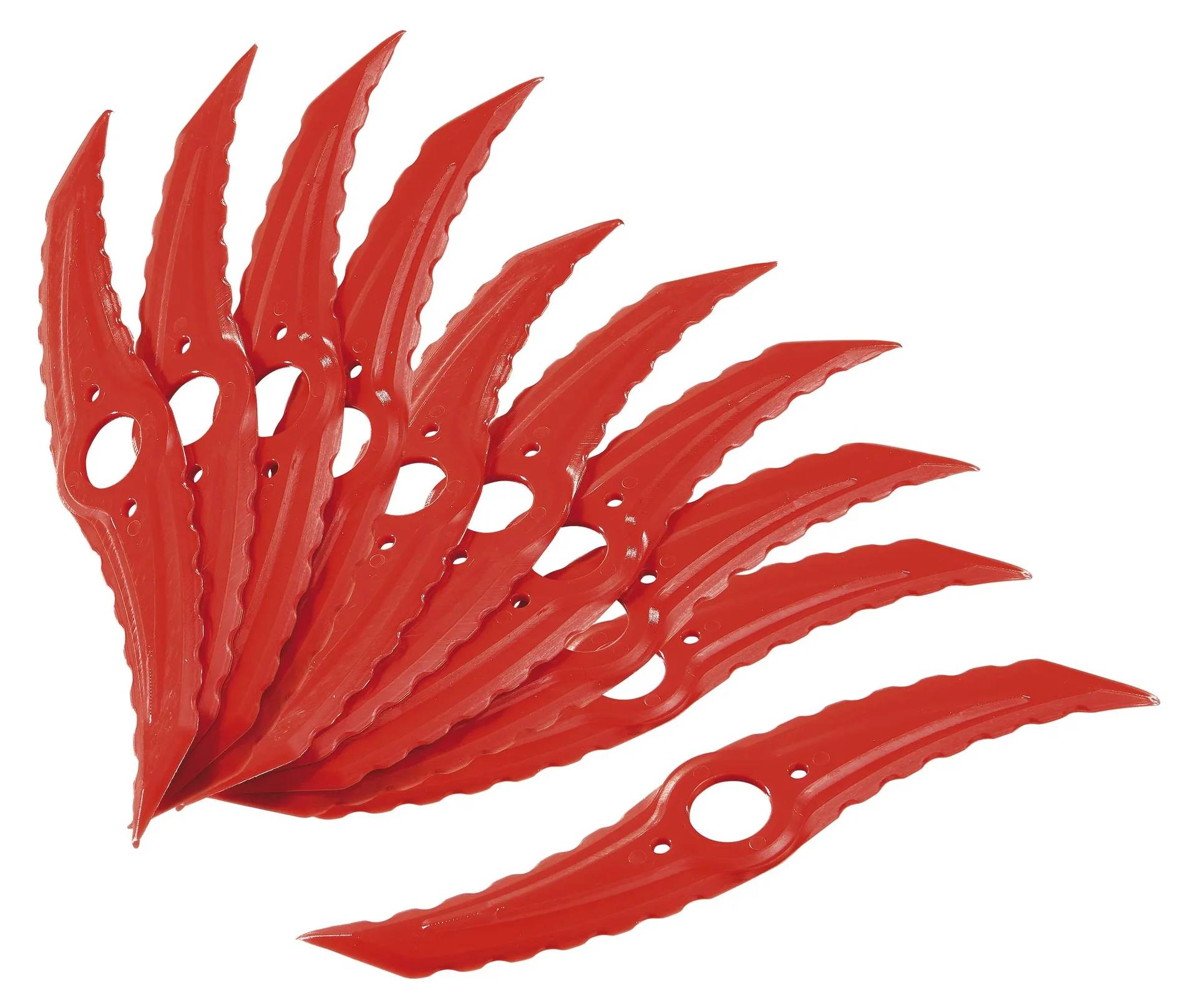 Rote Plastikblätter, fächerartig angeordnet, offensichtlich für Rasenmähgeräte konzipiert, mit gezackten Kanten und zentralen Löchern zur Befestigung.