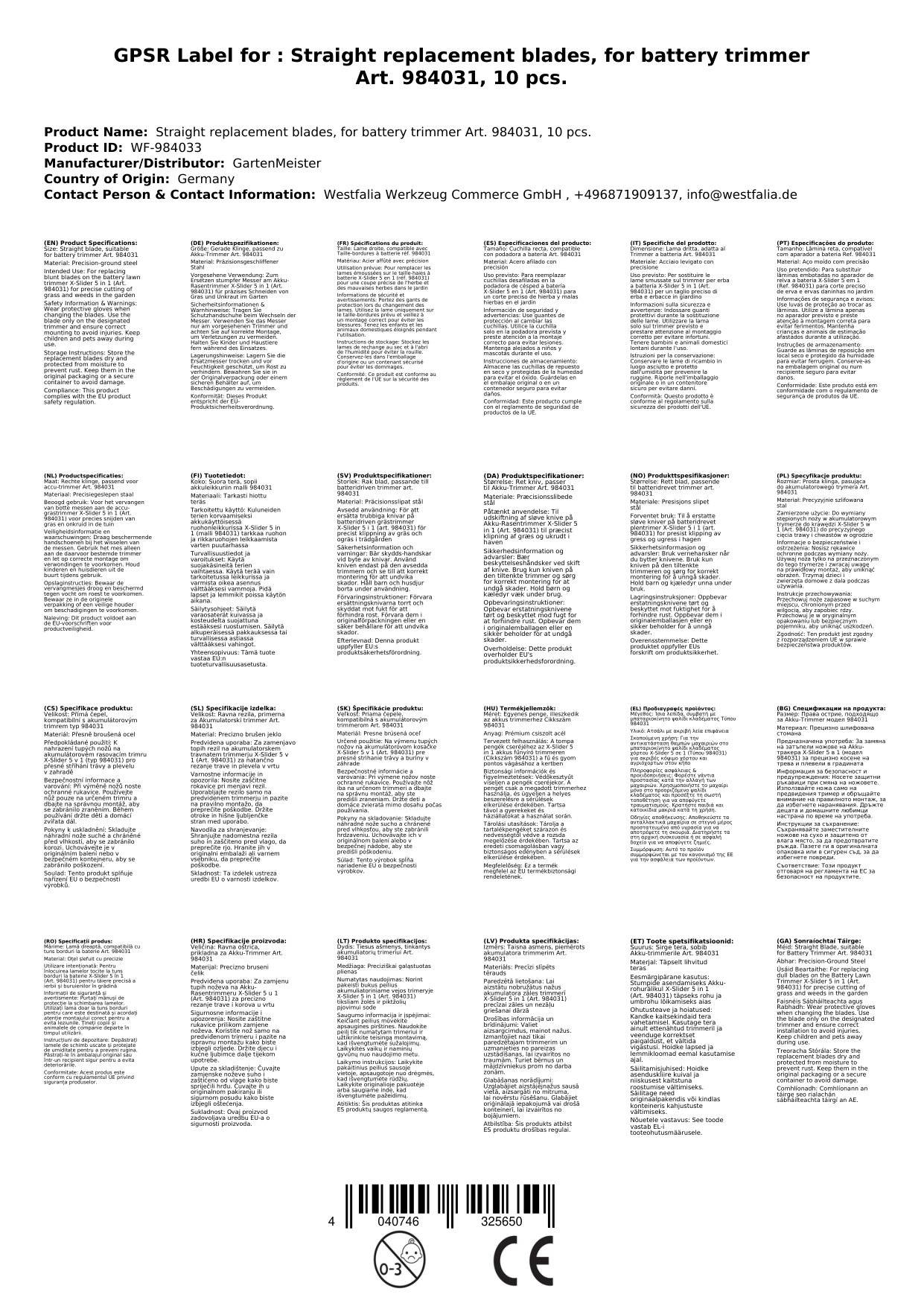 Ersatzmesser gerade, zu Akku-Trimmer Art. 984031, 10 St.