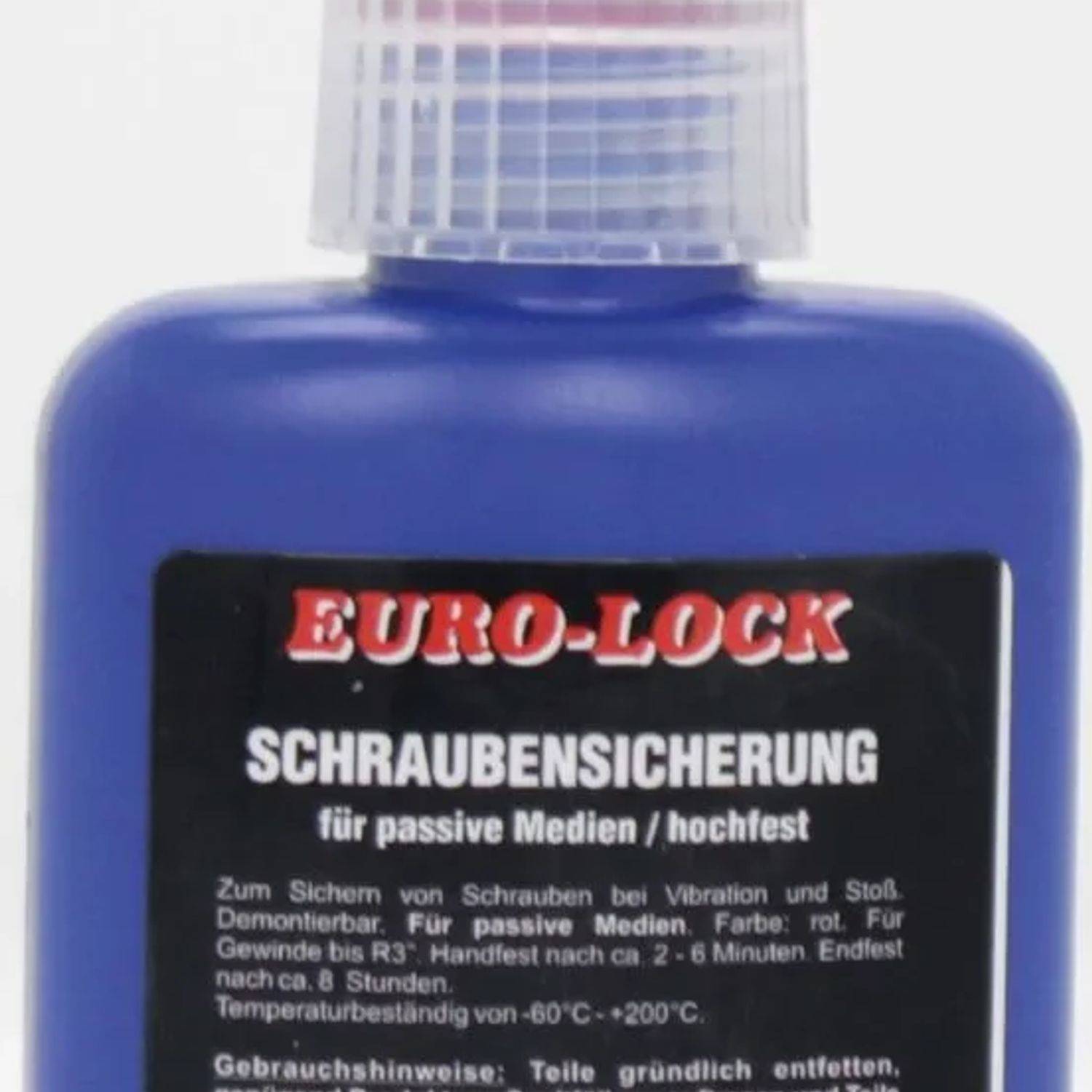 Eine Flasche mit der Aufschrift 'EURO-LOCK Schraubensicherung' zur Sicherung von Schrauben, mit Anwendungshinweisen und Angaben zum Temperaturbereich.