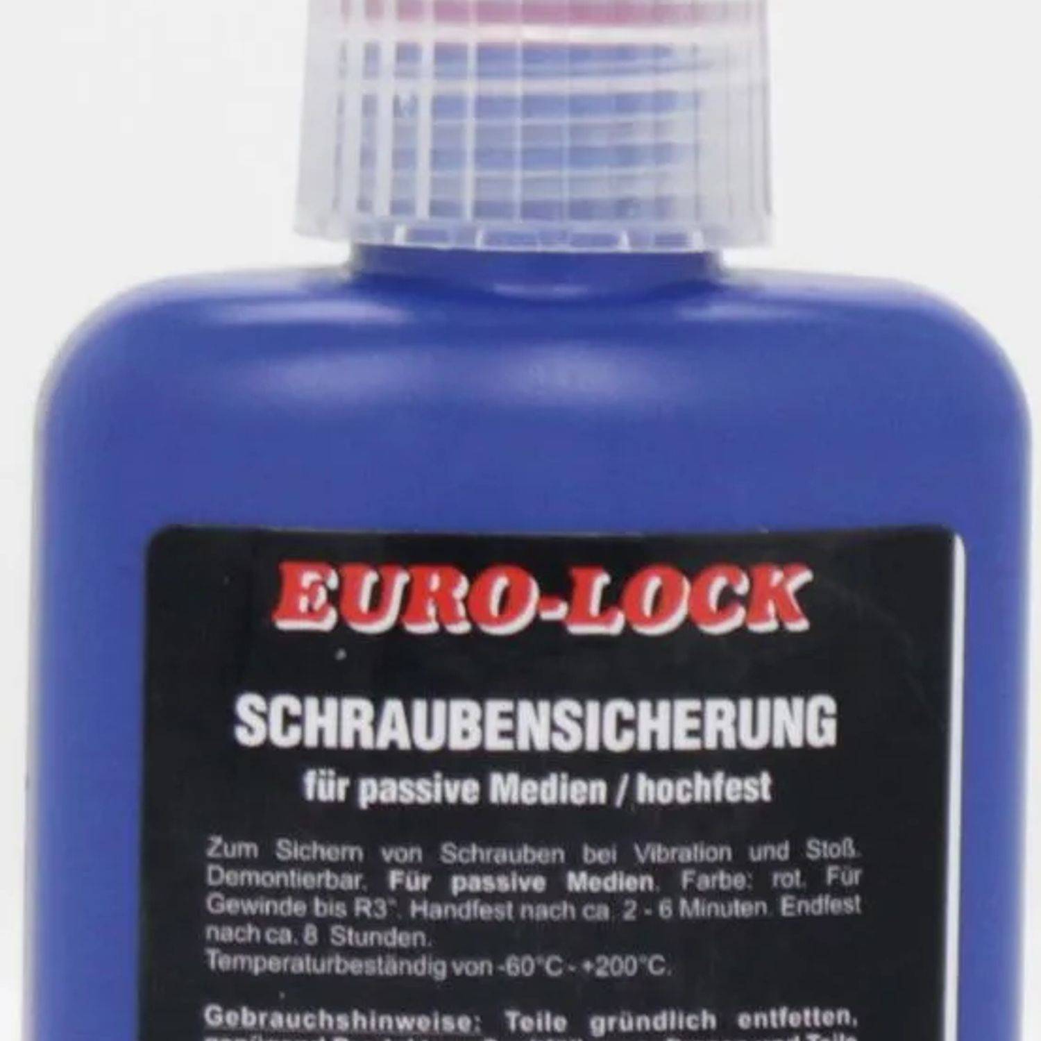 Blaue Flasche mit Beschriftung 'EURO-LOCK Schraubensicherung' zur Sicherung von Schrauben gegen Vibration. Gebrauchsanleitung auf Deutsch für die korrekte Anwendung.