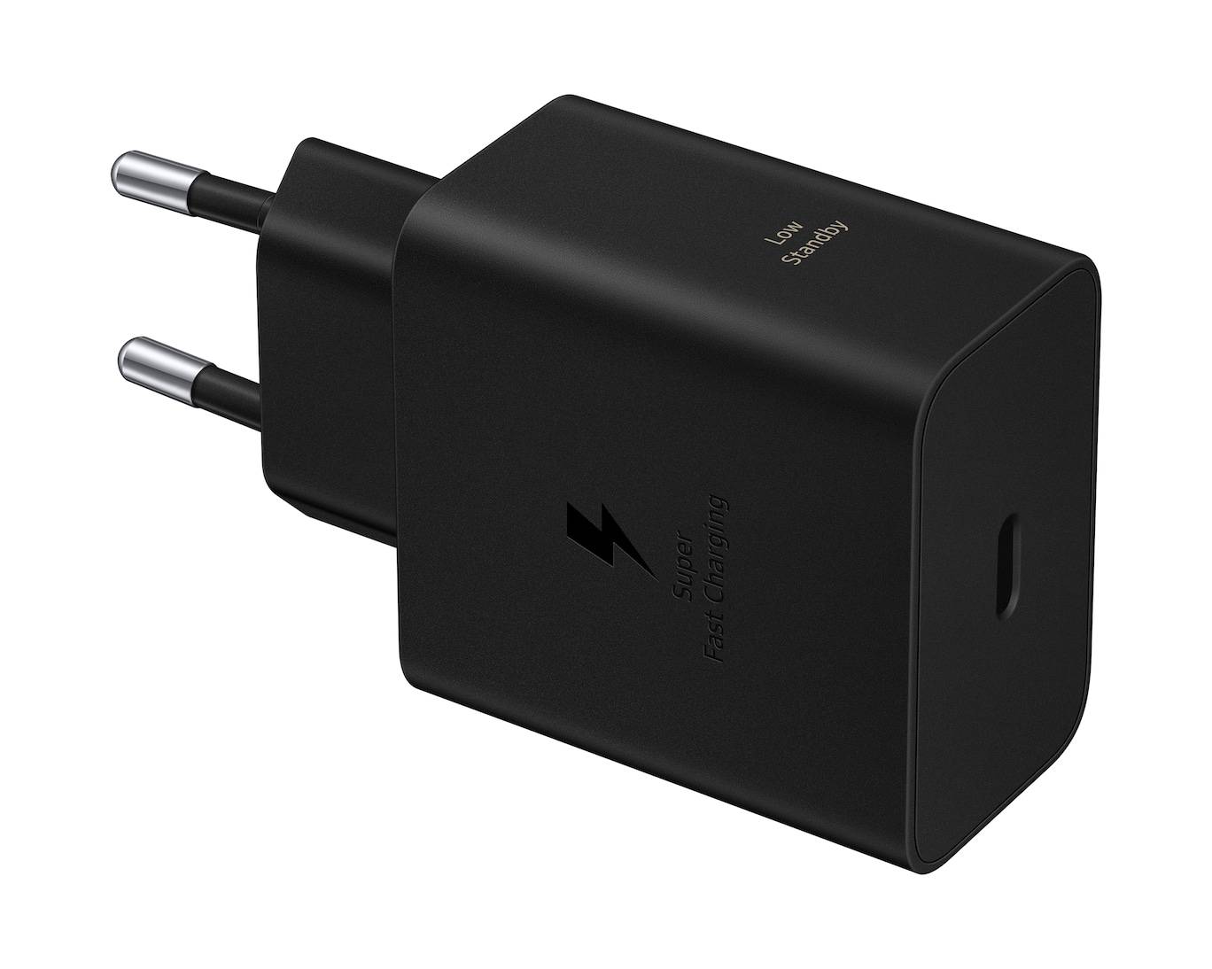 Schwarzes Zwei-Stift-Wandladegerät mit USB-C-Anschluss und Blitzsymbol auf der Vorderseite, gezeigt auf weißem Hintergrund.