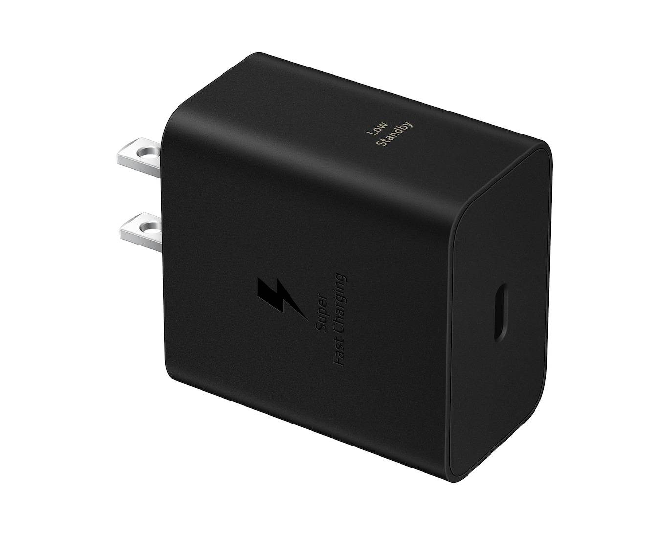 Schwarzes USB-C-Wandladegerät mit zweipoliger Steckverbindung und einzelnem USB-C-Port an der Vorderseite, gezeigt vor weißem Hintergrund.