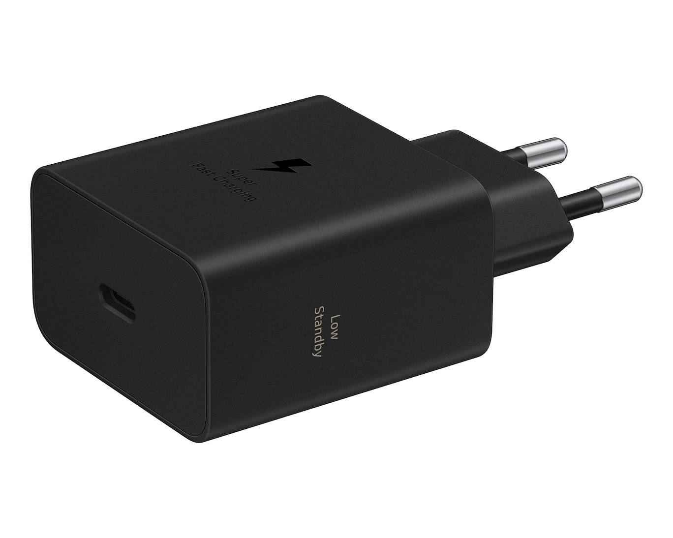 Schwarzes USB-Wandladegerät mit zwei runden Steckerpole und USB-C-Anschluss, gezeigt in angewinkelter Produktansicht auf weißem Hintergrund.