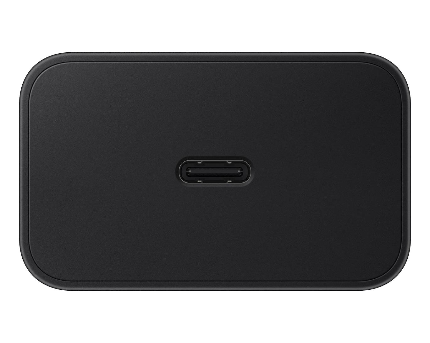 Schwarze rechteckige Gerätebase mit abgerundeten Ecken und zentralem USB-C-Anschluss auf einfachem weißem Hintergrund.