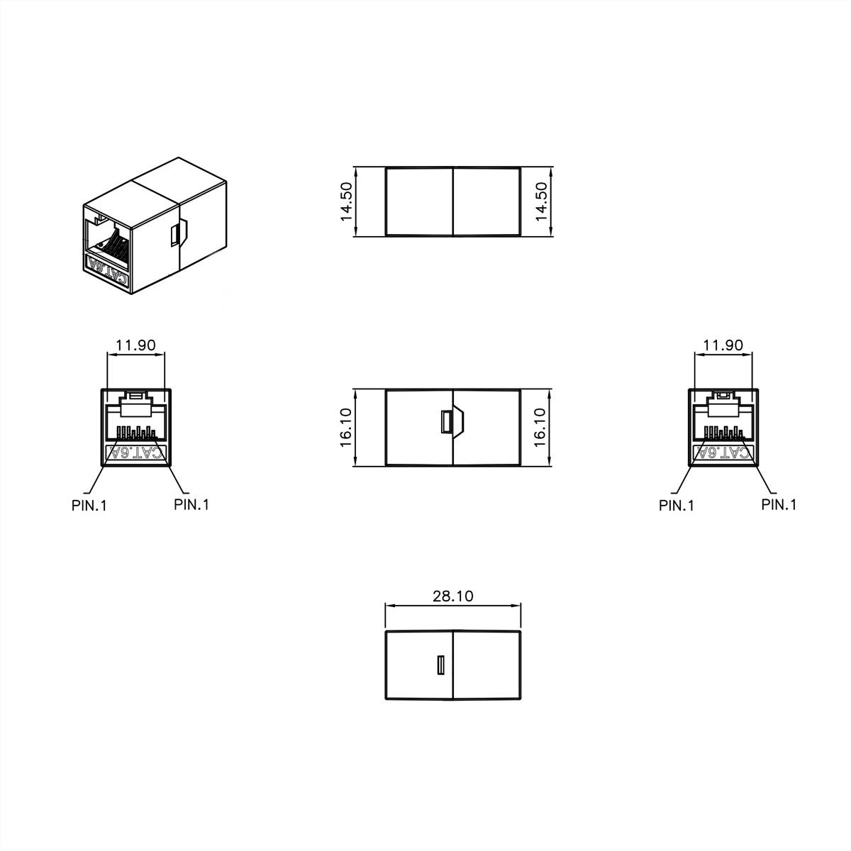 Technische Zeichnung eines Steckers; Draufsicht, Vorderansicht und Seitenansicht dargestellt. Die Abmessungen umfassen eine Breite von 11,90 mm und eine Höhe von 16,1 mm, gekennzeichnet mit „PIN: 1