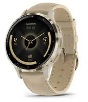 Beige Garmin Smartwatch mit rundem schwarzem Display und hellbraunem Lederarmband, in schräger Ansicht vor weißem Hintergrund dargestellt.
