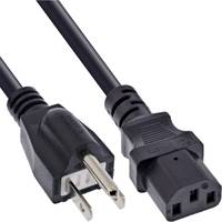 Ein schwarzes Stromkabel mit einem dreipoligen Stecker an einem Ende und einem Computernetzteilstecker am anderen Ende, das zur Stromversorgung von Geräten verwendet wird.