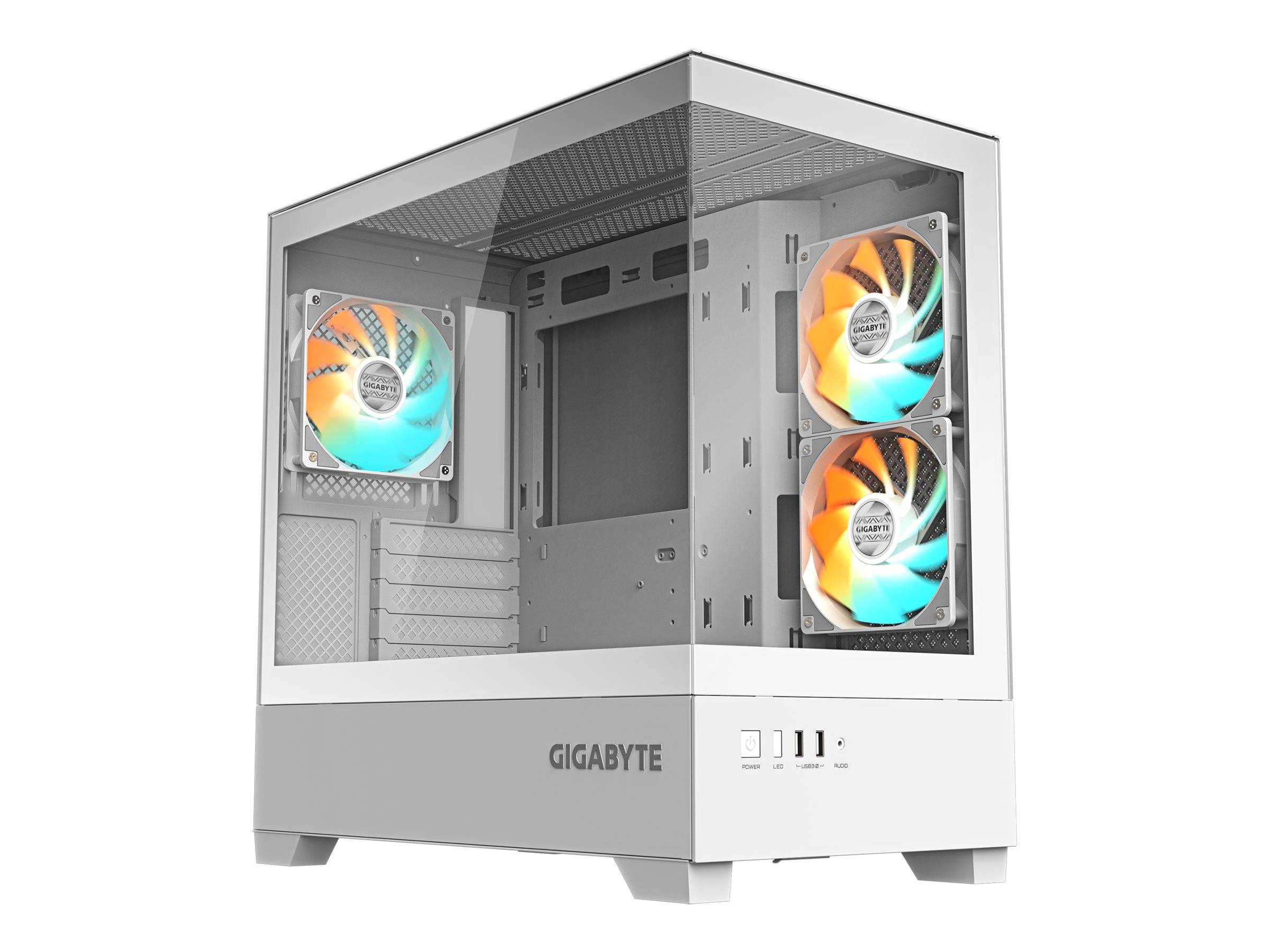 Ein weißes Gigabyte-Computergehäuse mit drei LED-beleuchteten Lüftern, transparenten Seitenpanels und vorderen USB-Anschlüssen wird gezeigt.