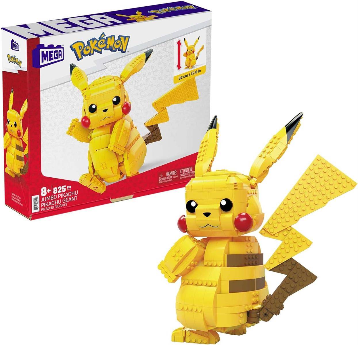Produktbild eines Mega Pokémon Pikachu Bausatzes, der eine gelbe Legostein-Pikachu-Figur und ihre Schachtel mit der Aufschrift 