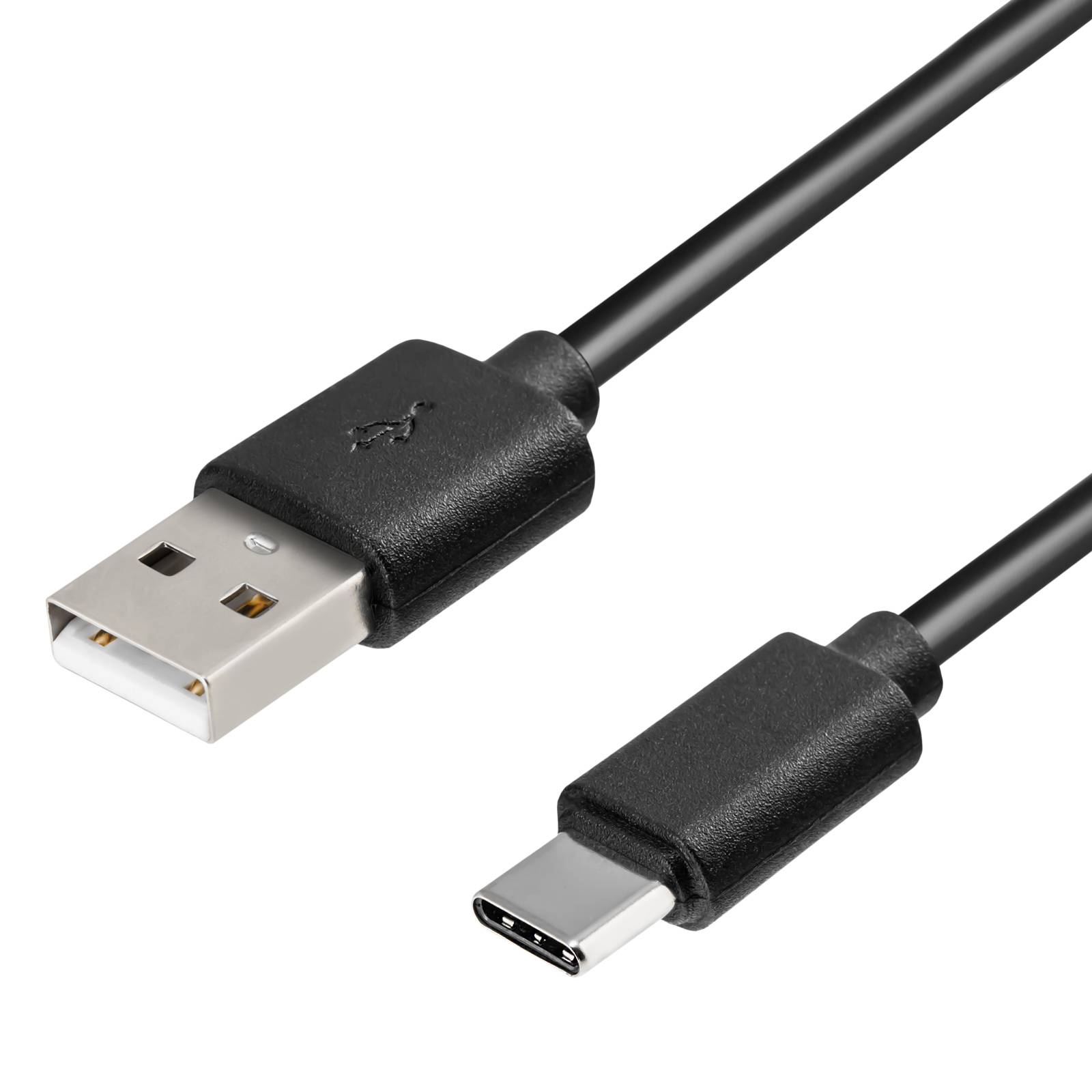Ein schwarzes USB-Kabel mit einem Standard-USB-A-Anschluss an einem Ende und einem USB-C-Anschluss am anderen Ende.