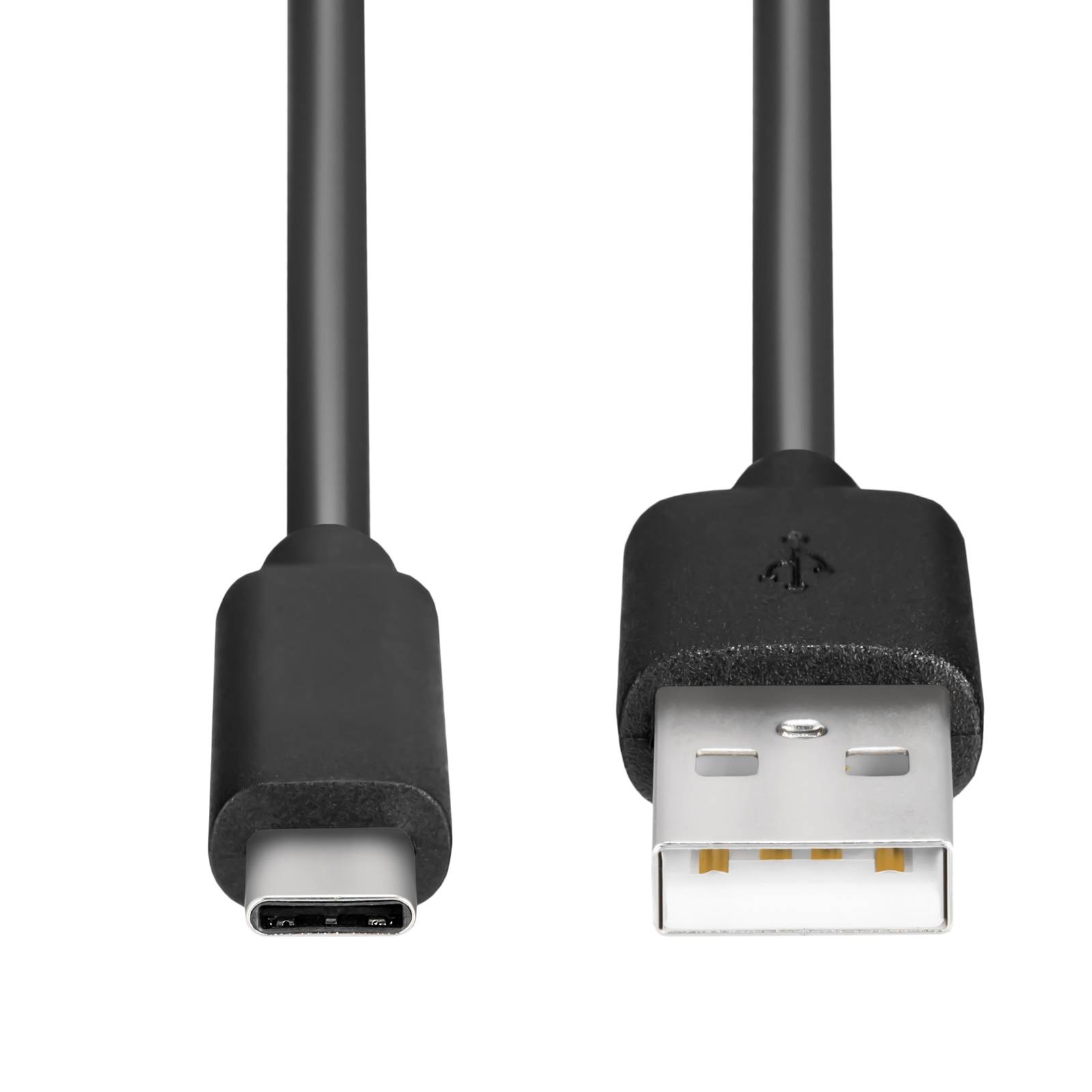 Ein USB-C zu USB-A Kabel mit schwarzen Anschlüssen und schwarzem Kabel, verwendet zum Aufladen oder Datentransfer zwischen kompatiblen Geräten.