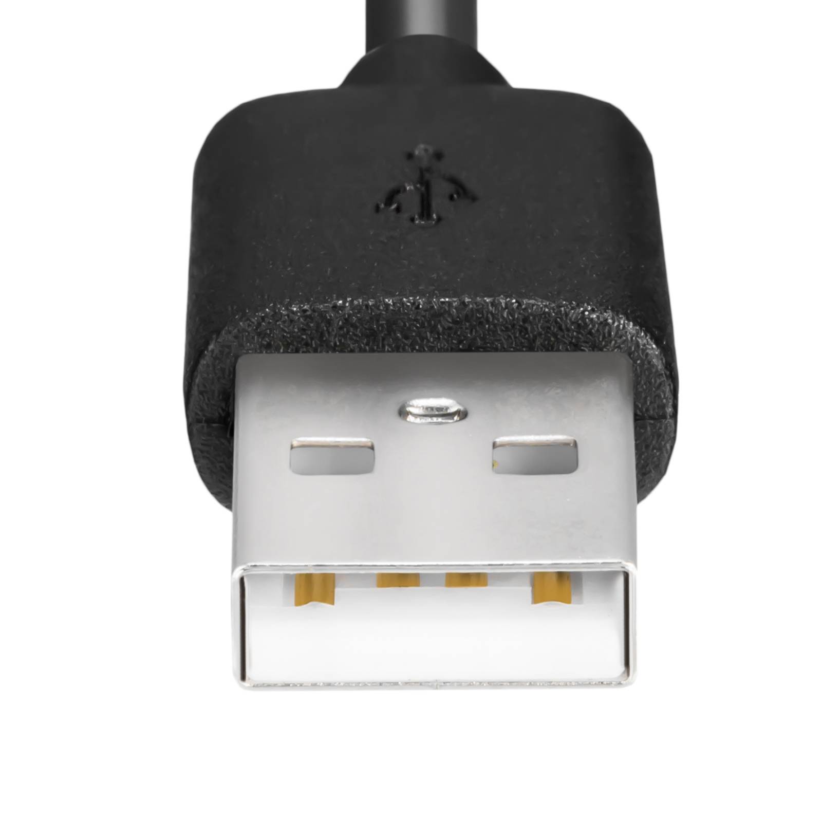 Eine Nahaufnahme eines schwarzen USB-Kabels mit sichtbarem USB-A-Anschluss auf weißem Hintergrund.