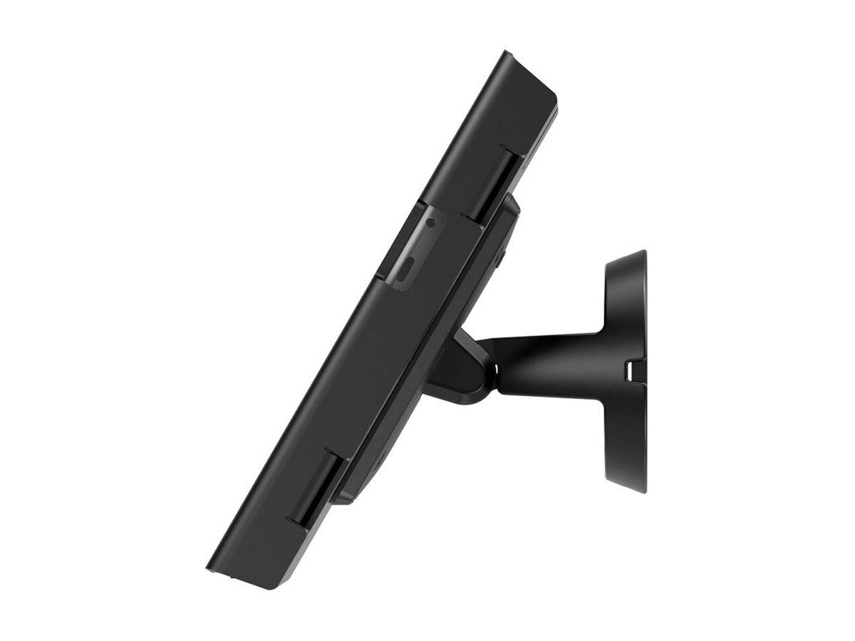 Seitenansicht eines schwarzen Computermonitors, der an einem Wandhalter befestigt ist und das elegante und moderne Design hervorhebt.