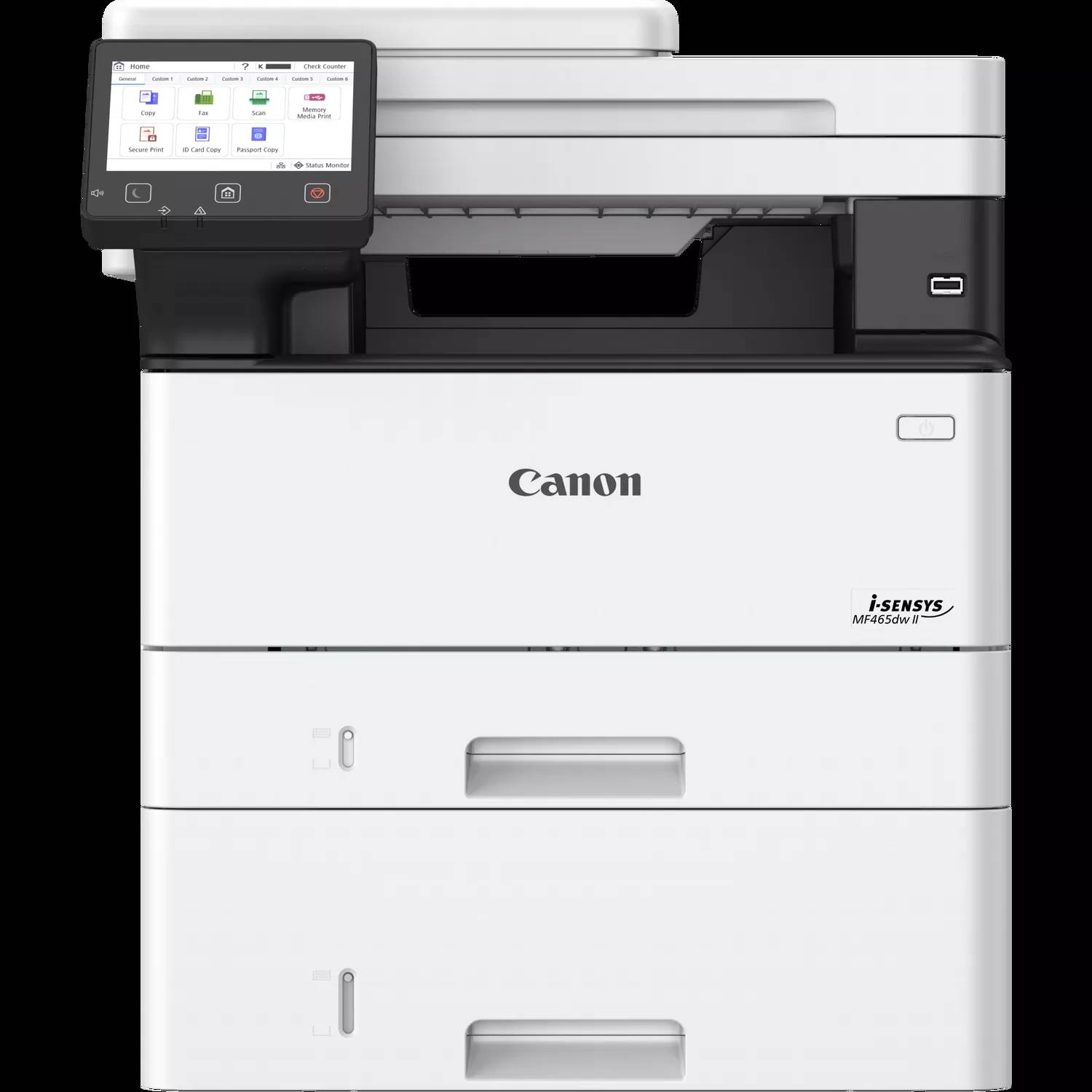 Canon imageCLASS Multifunktionsdrucker mit Touchscreen-Bedienfeld und zwei Papierfächern, Frontansicht auf weißem Hintergrund.