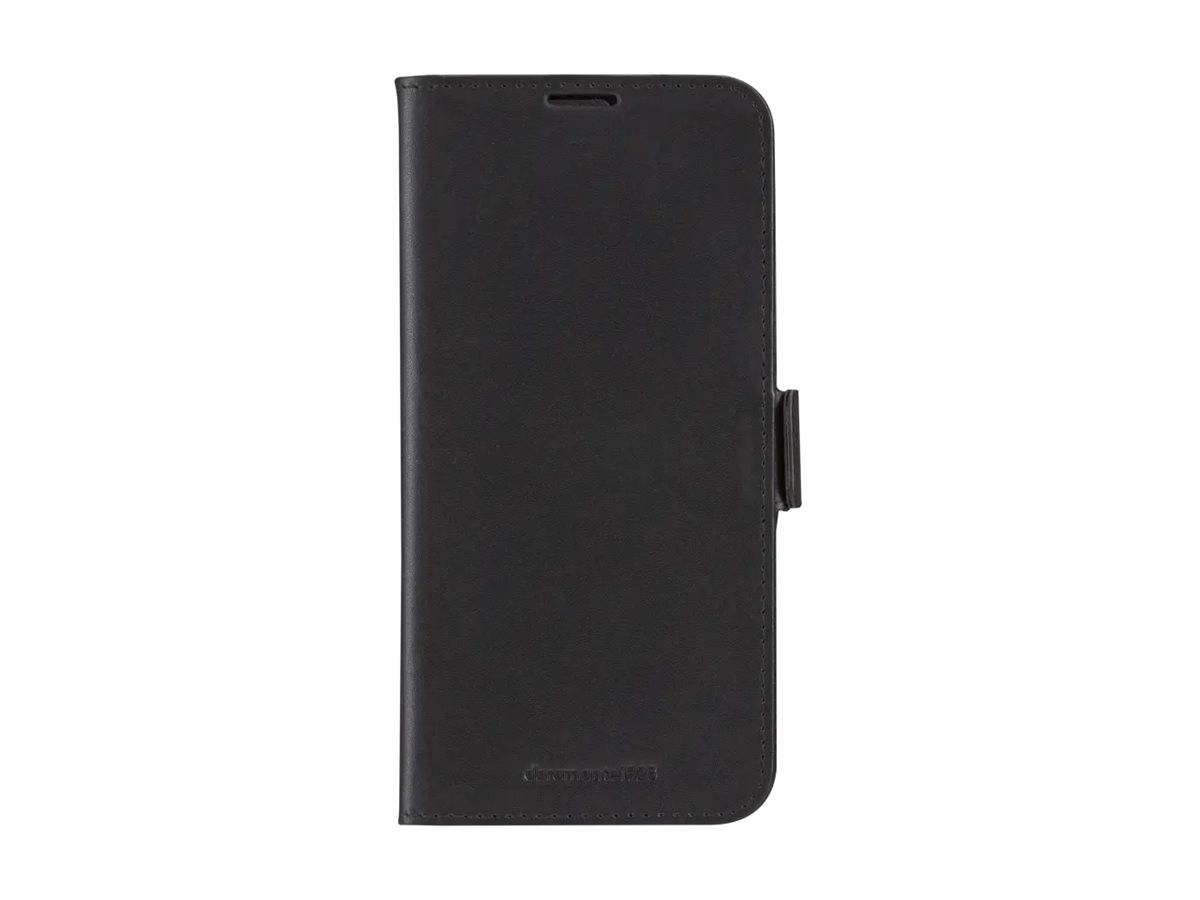 Eine geschlossene schwarze Ledertasche für ein Telefon mit einer magnetischen Klappe auf der rechten Seite.