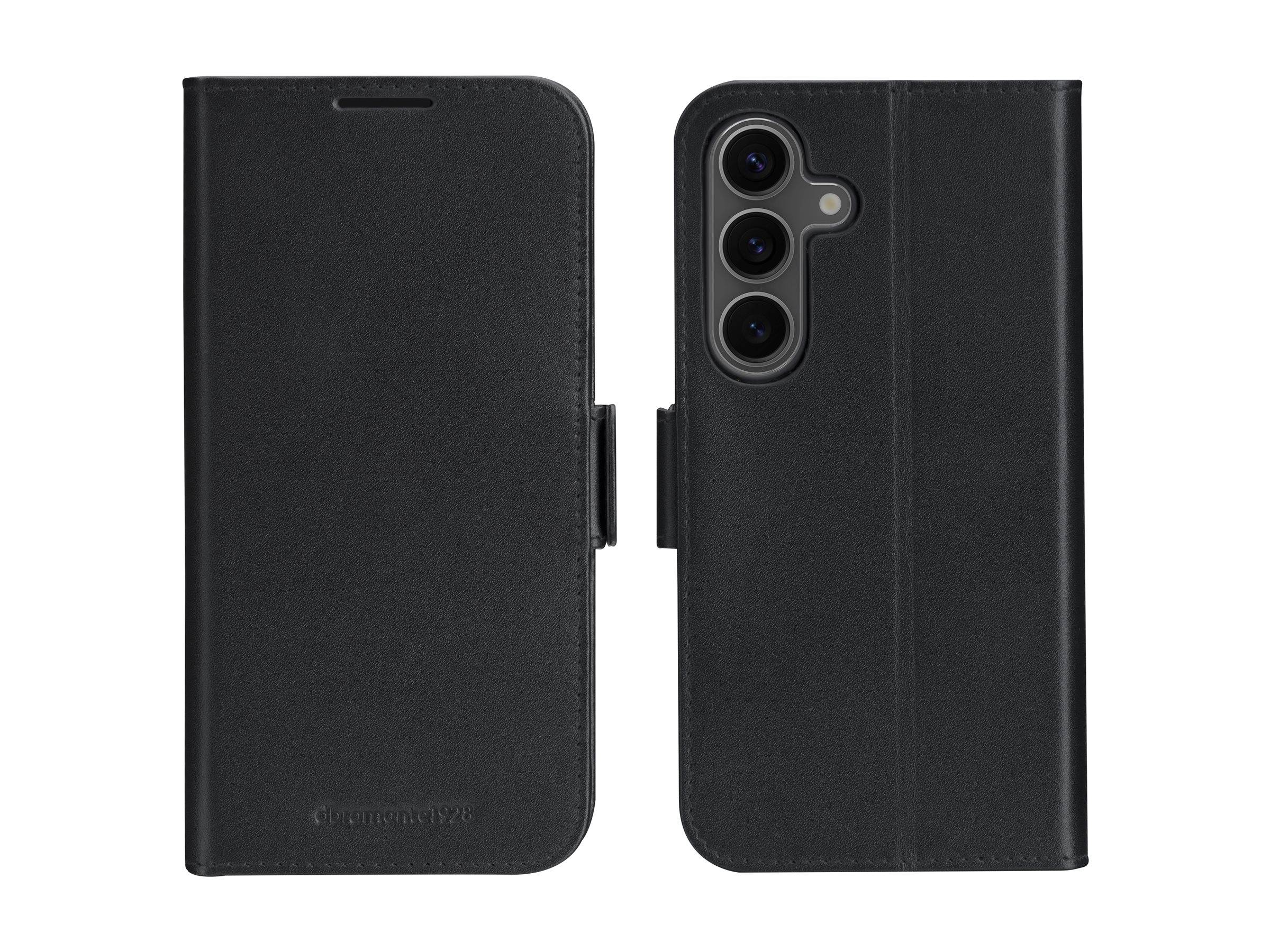 Schwarze Folio-Stil-Smartphone-Hülle gezeigt von vorne und hinten, mit drei hinteren Kameraausschnitten und magnetischer Verschlusszunge.