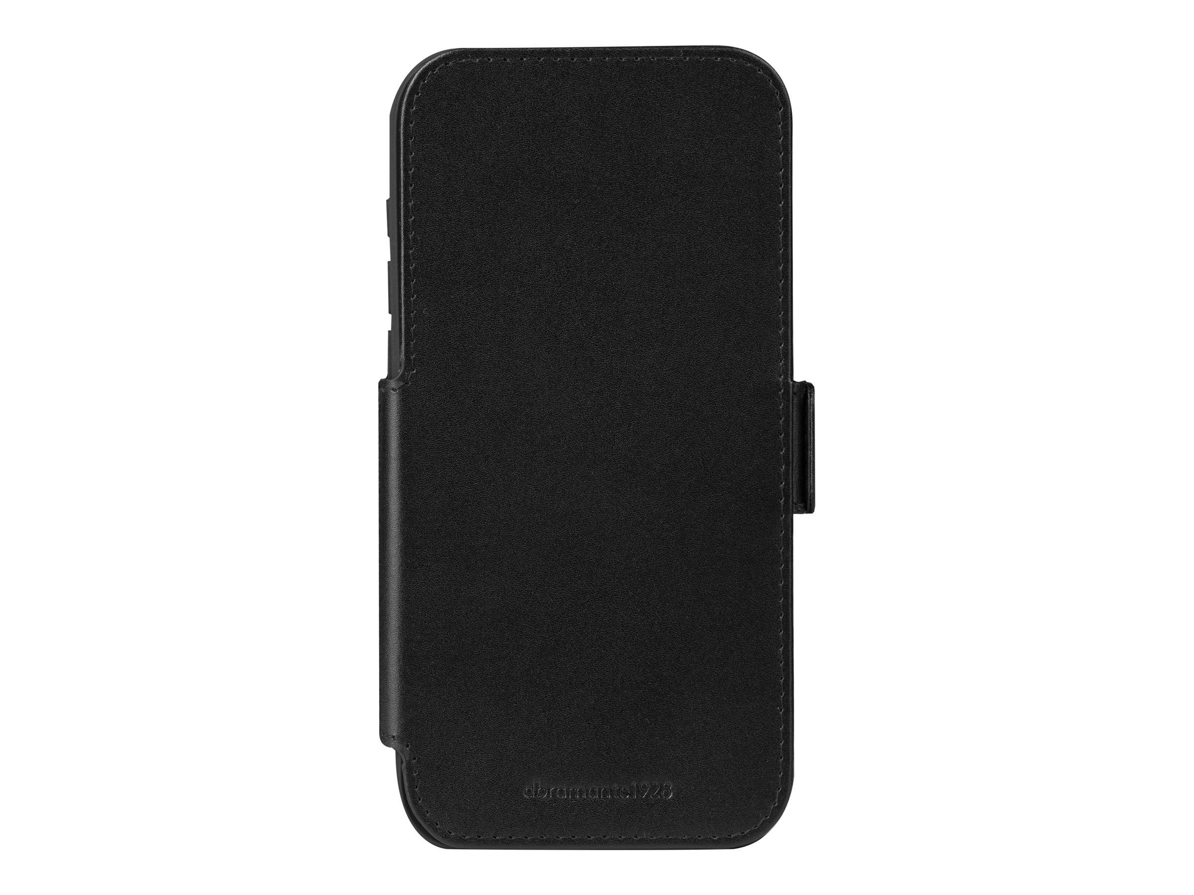 Eine schwarze Smartphone-Hülle mit einer Klappe, strukturierter Oberfläche und dezenter Markierung am unteren Rand. Die geschlossene Position ist dargestellt.