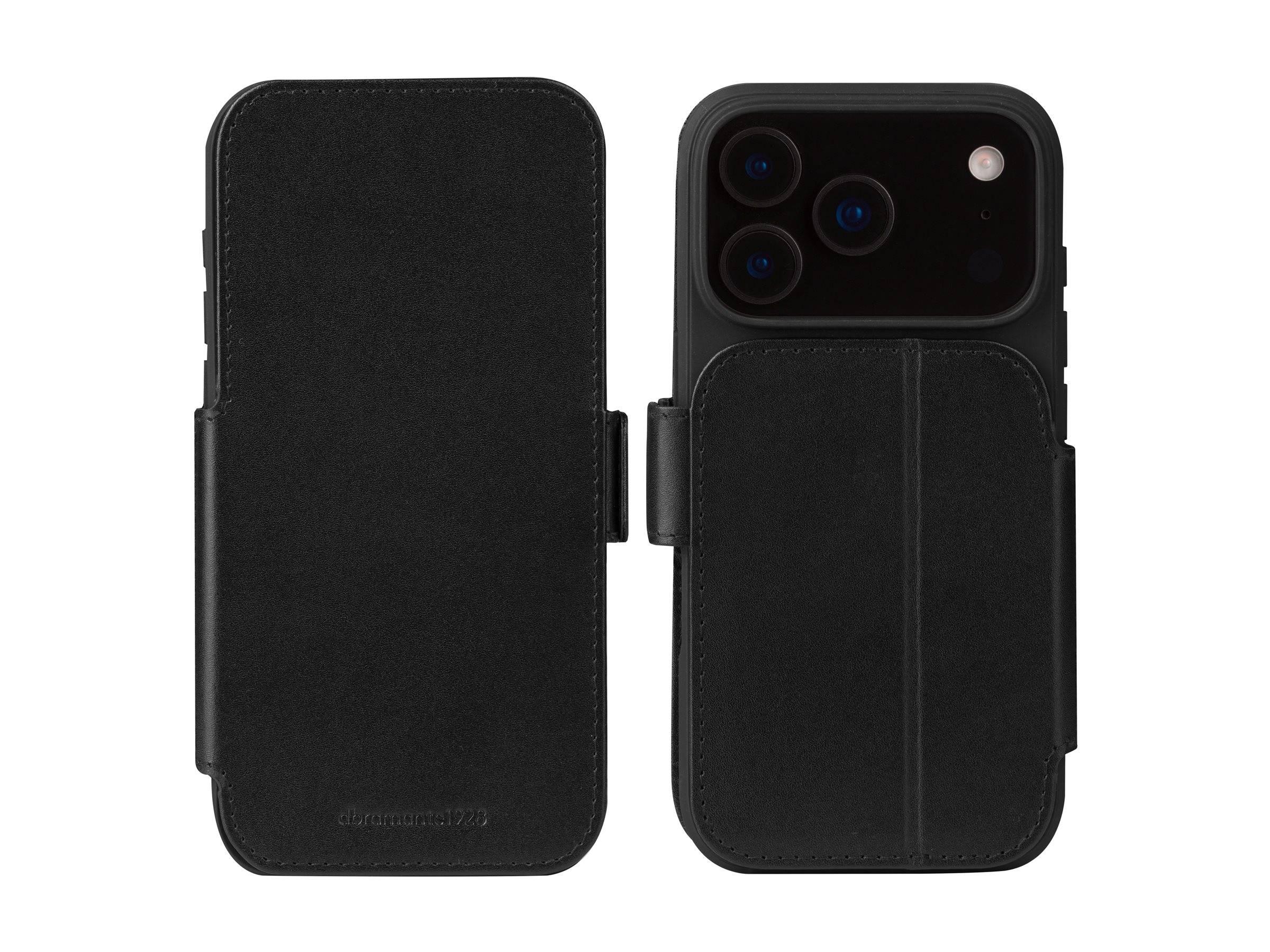 Ein schwarzes Leder-Handyhülle mit magnetischem Verschluss wird sowohl geöffnet als auch geschlossen gezeigt, wobei ihr schlankes Design und die Schutzfunktionen hervorgehoben werden.