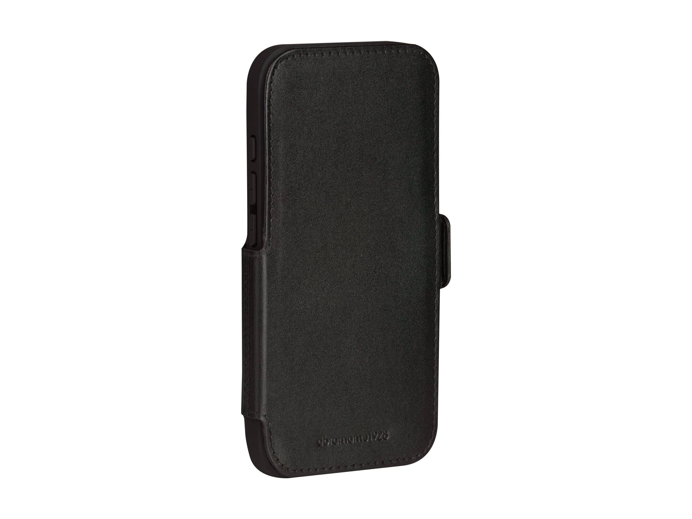 Schwarze Ledertasche für Smartphone mit Klappe, geschlossen dargestellt.