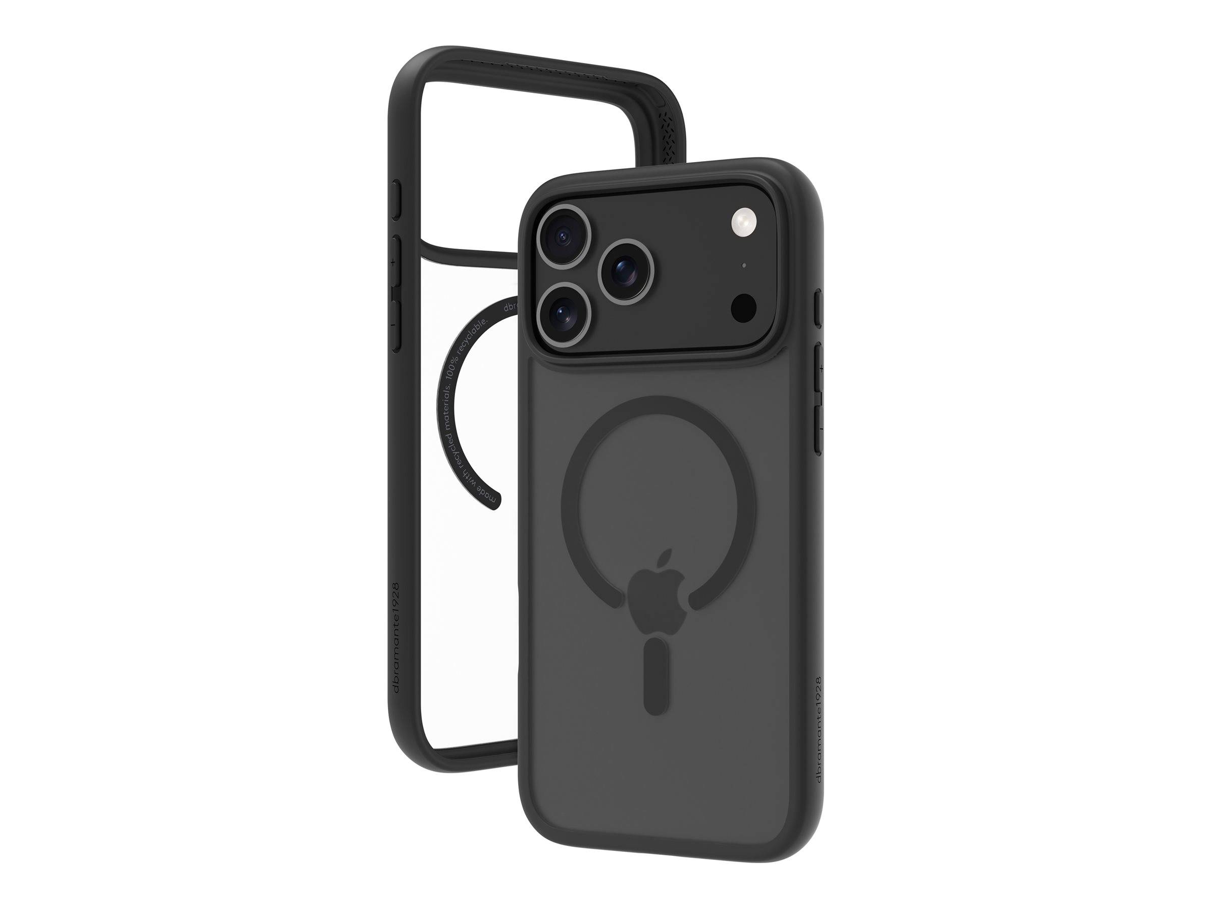 Eine schwarze Handyhülle mit sichtbarem Kreisdesign und Apple-Logo, die MagSafe-Kompatibilität durch den kreisförmigen Aufdruck anzeigt.