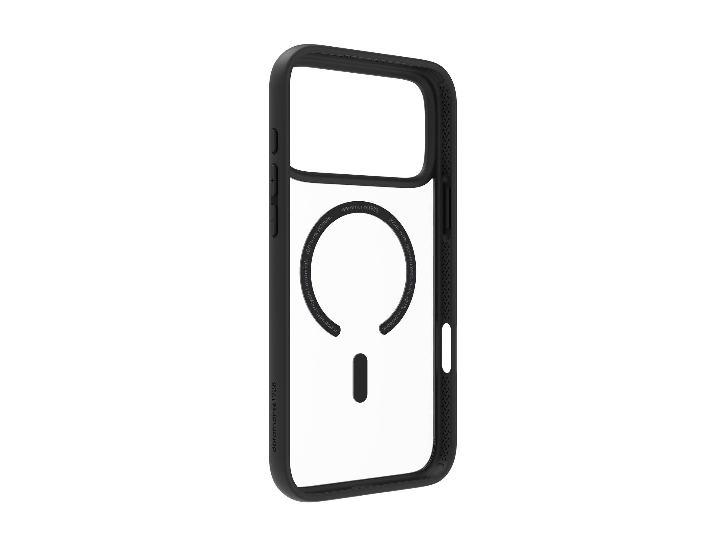 Eine schwarz-weiße Handyhülle mit transparenter Rückseite, die ein kreisförmiges Design in der Mitte aufweist.