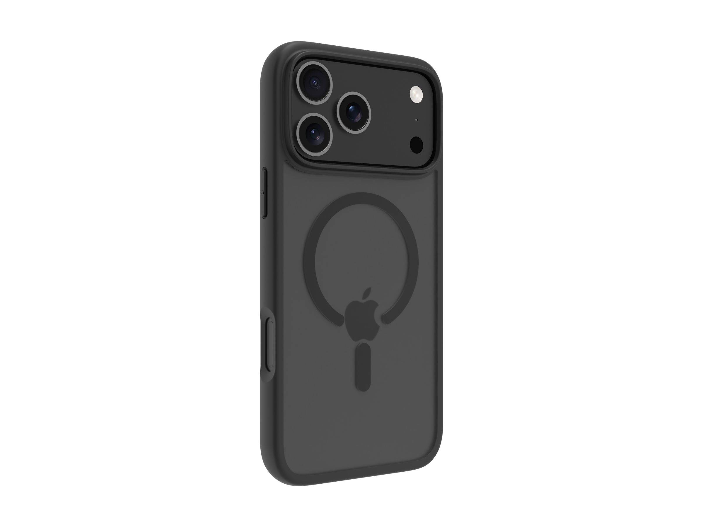 Schwarze Smartphone-Hülle mit drei Kameraausschnitten und einem geprägten Apple-Logo unterhalb eines kreisförmigen Designs, kompatibel mit iPhone.