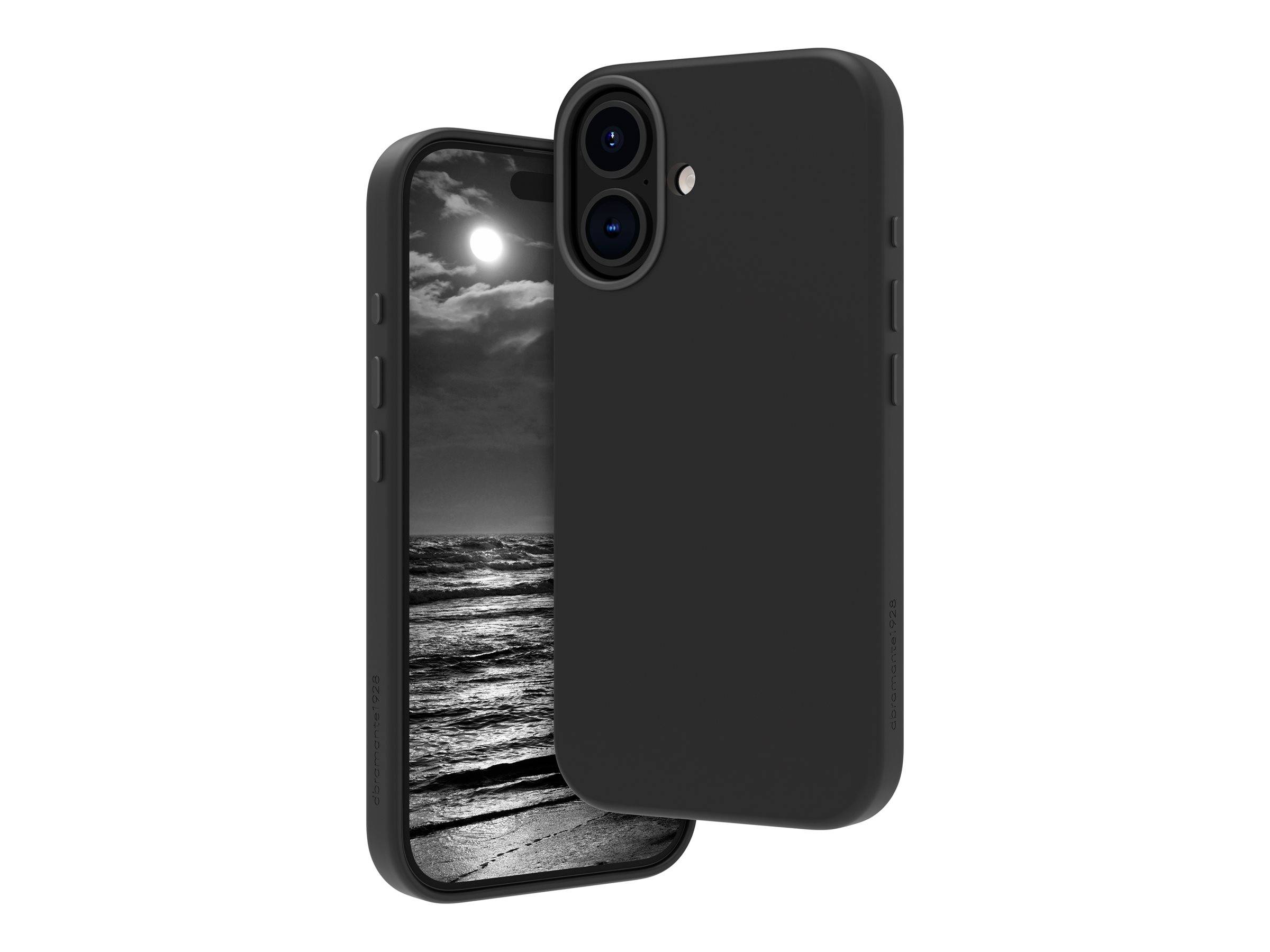 Ein schwarzer Smartphone-Hülle mit Aussparung für eine Dual-Kamera, präsentiert vor einem Phonebildschirm, der eine monochromatische Strandszene mit einem mondbeleuchteten Ozean zeigt.