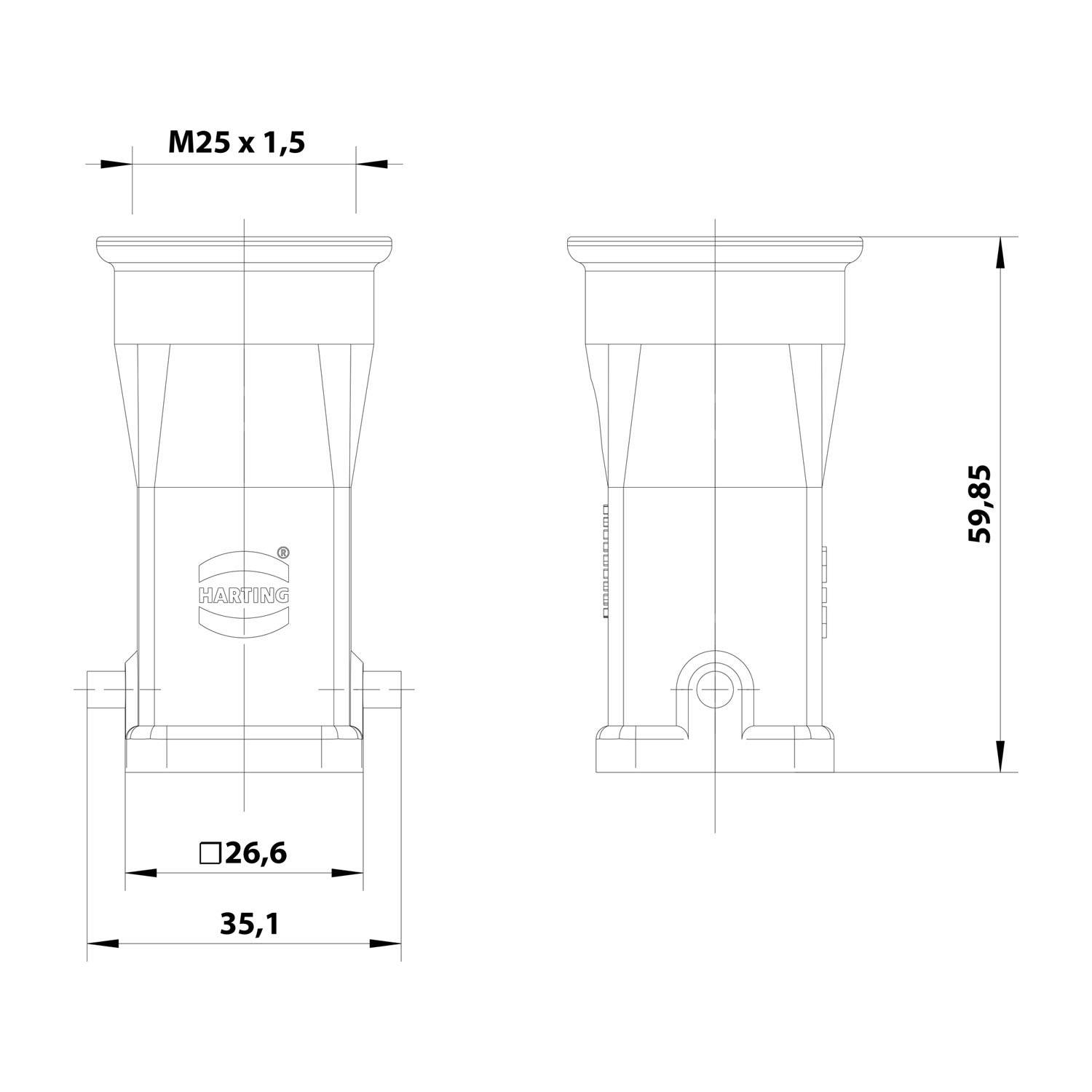 HARTING Han 3A Tüllengehäuse, 1xM25 gerader Kabelabgang, für 1 Bügel (am Unterteil) Verschraubung M25 Klemmbereich