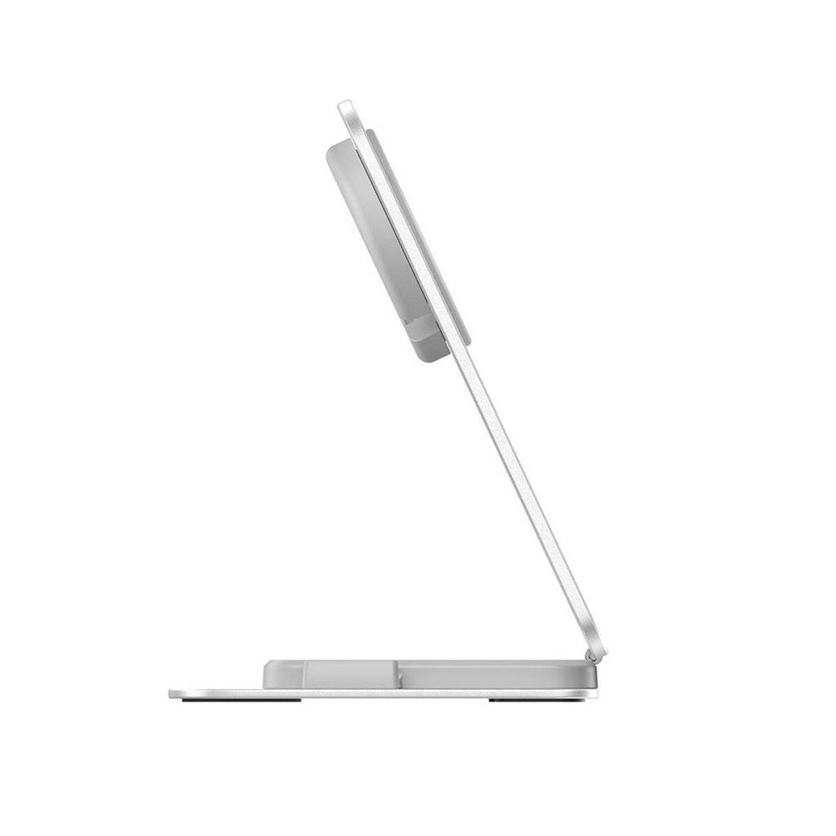 Eine Seitenansicht eines silbernen Laptops mit verstellbarem Ständer, der sein schlankes, minimalistisches Design mit leicht nach hinten geneigtem Bildschirm zeigt.