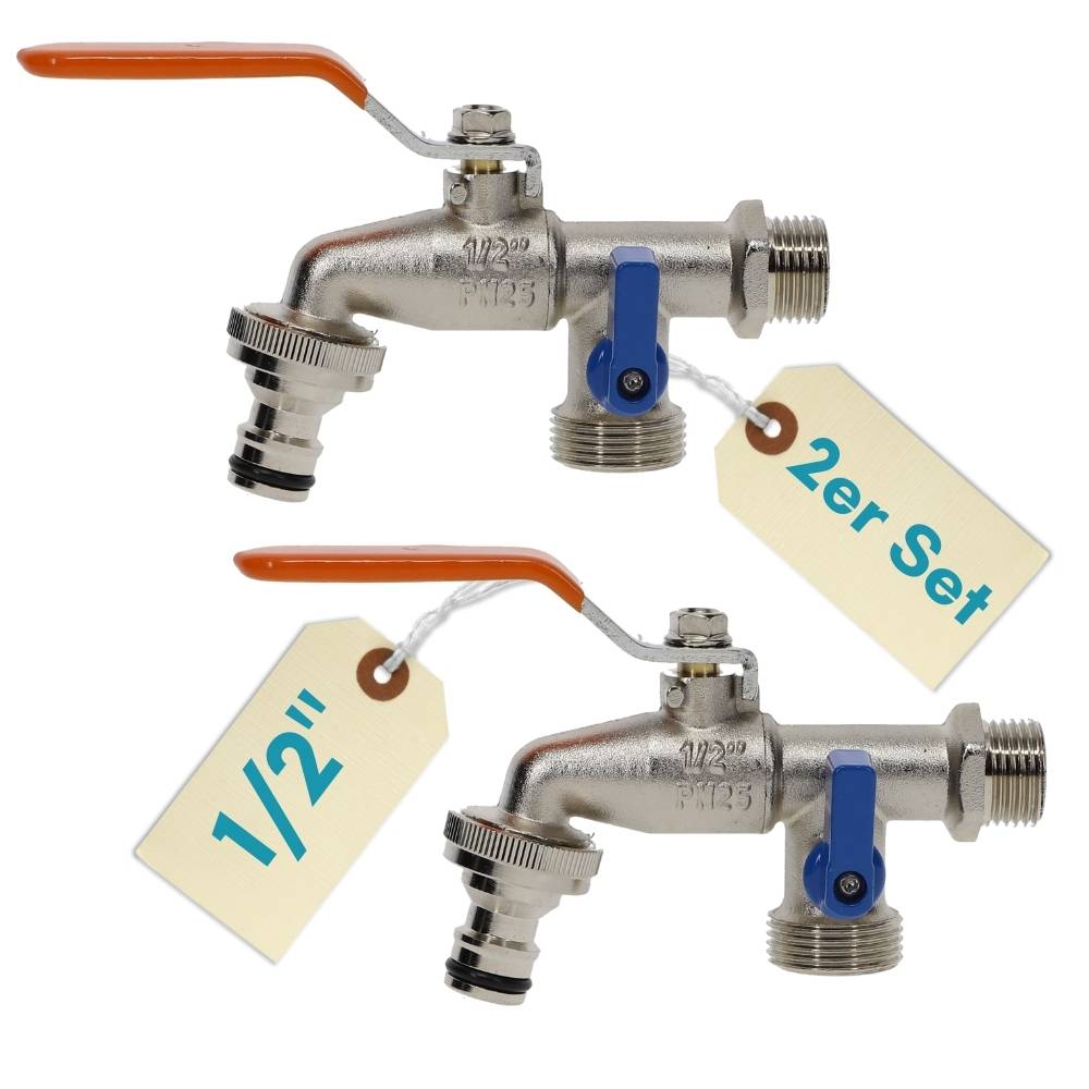 2er Set Metallgartenwasserhähne mit orangefarbenen Griffen und blauen Hebeln, gekennzeichnet mit '1/2