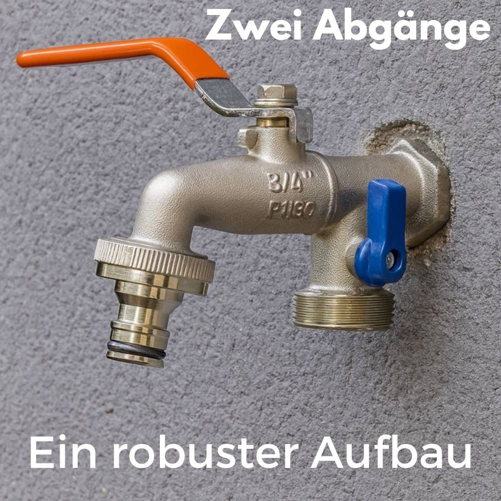 Eine wandmontierte Außenwasserhahn mit zwei Ausgängen wird gezeigt. Text lautet 'Zwei Abgänge' und 'Ein robuster Aufbau'.