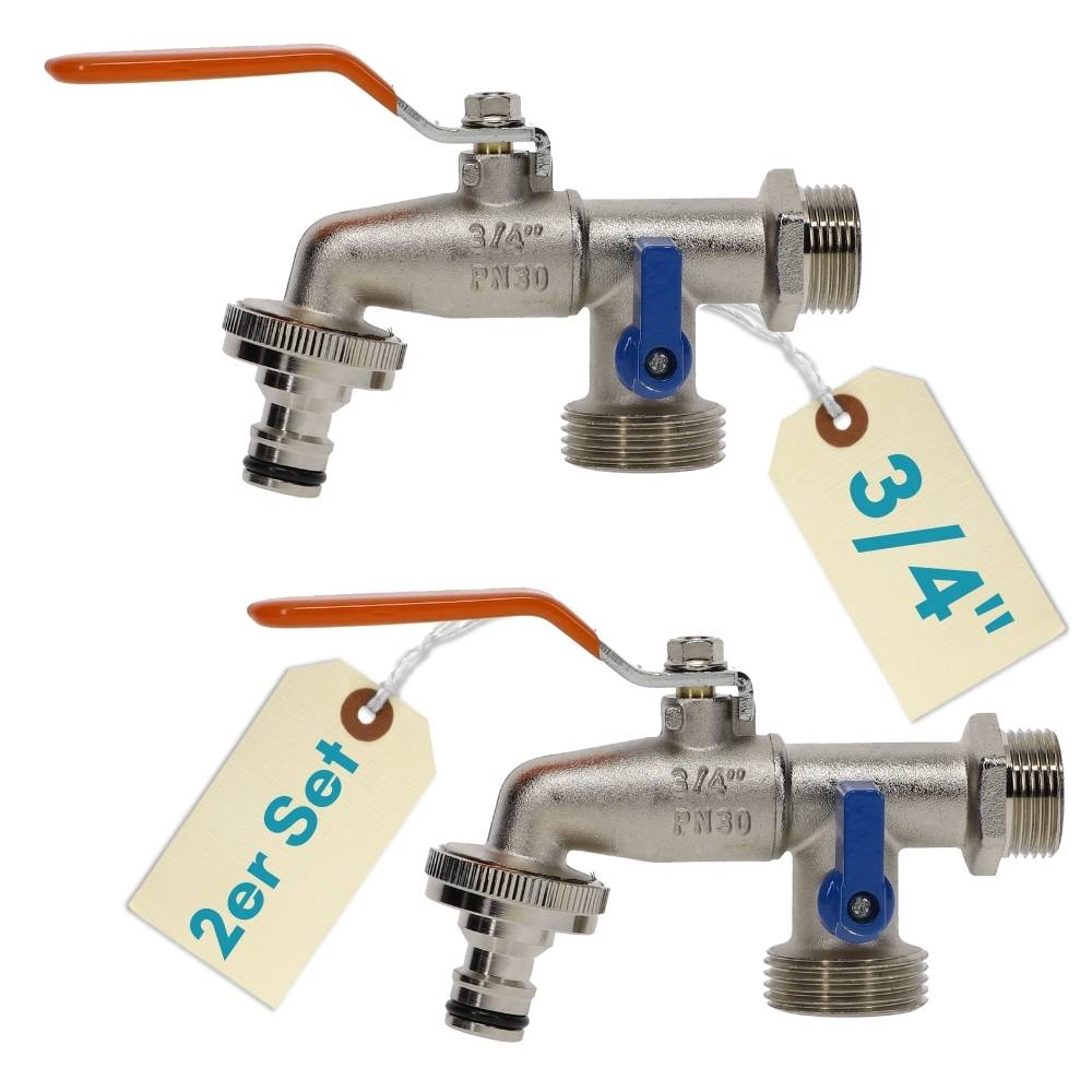 Zwei Metallhähne mit roten Griffen und blauen Hebeln, jeweils mit der Beschriftung '3/4