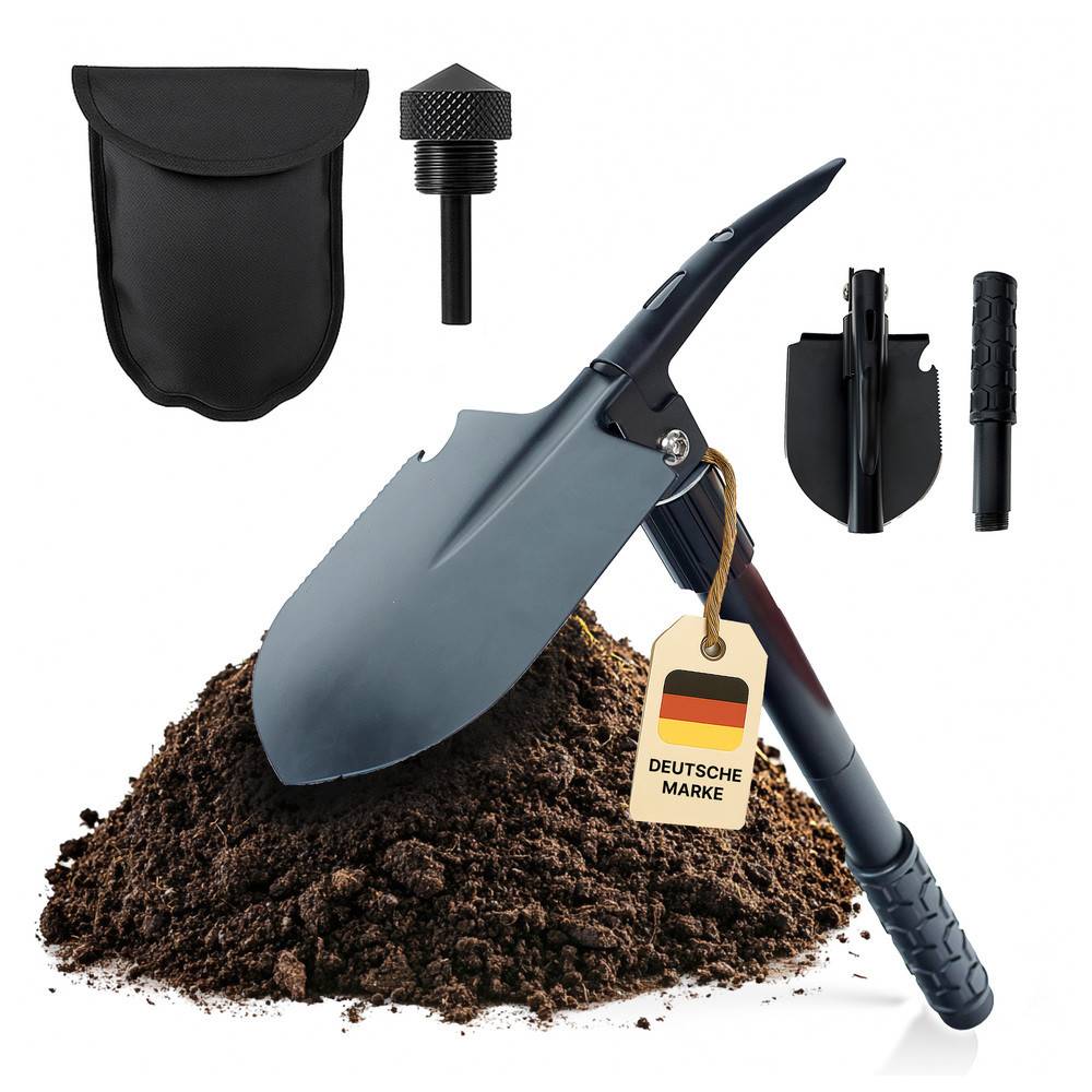 Eine kompakte, zusammenklappbare schwarze Schaufel auf einem Haufen Erde, mit beigefügtem Etui, Schraubenteilen und Griff-Anbauteilen, die prominent in Szene gesetzt sind.