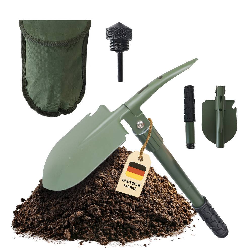 Set aus zusammenklappbarer Militär-Schaufel, bestehend aus einer grünen Schaufel, Tragetasche und Montageteilen, mit Erdpulk im Vordergrund.