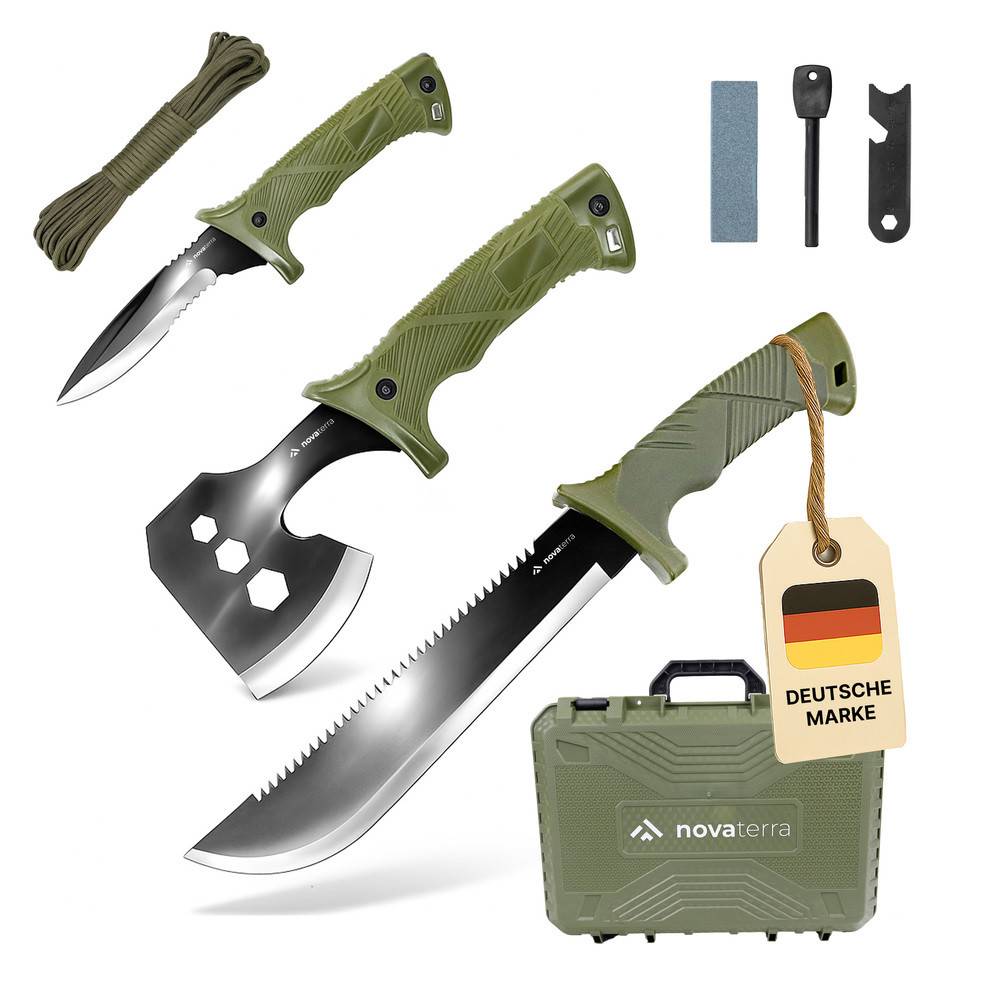 Überlebensausrüstungsset mit Messer, Machete, Beil, Paracord, Schleifstein, Feueranzünder und Transporttasche mit einem 'Deutsche Marke' Etikett.
