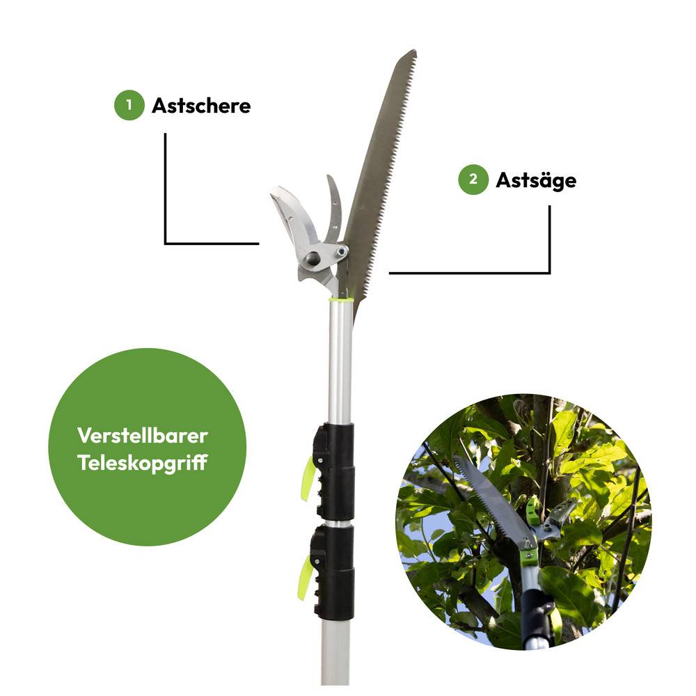 Das Bild zeigt ein Beschneidewerkzeug mit einem verstellbaren Teleskopgriff, das sowohl eine Astschere als auch eine Astsäge umfasst.